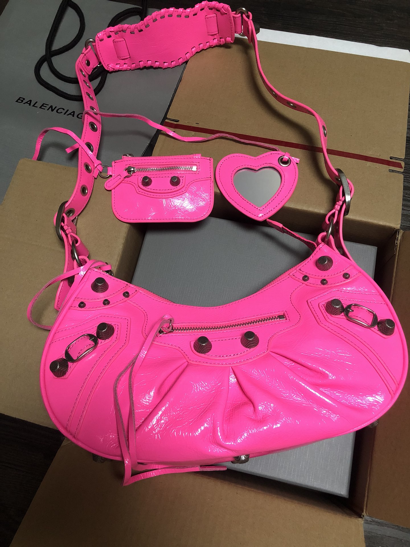 Balenciaga Le Cagole Neon Pink Limited Crinkled Leather Studded Purse & Heart Mirror Charm Hobo Shoulder Bag - KAIROO