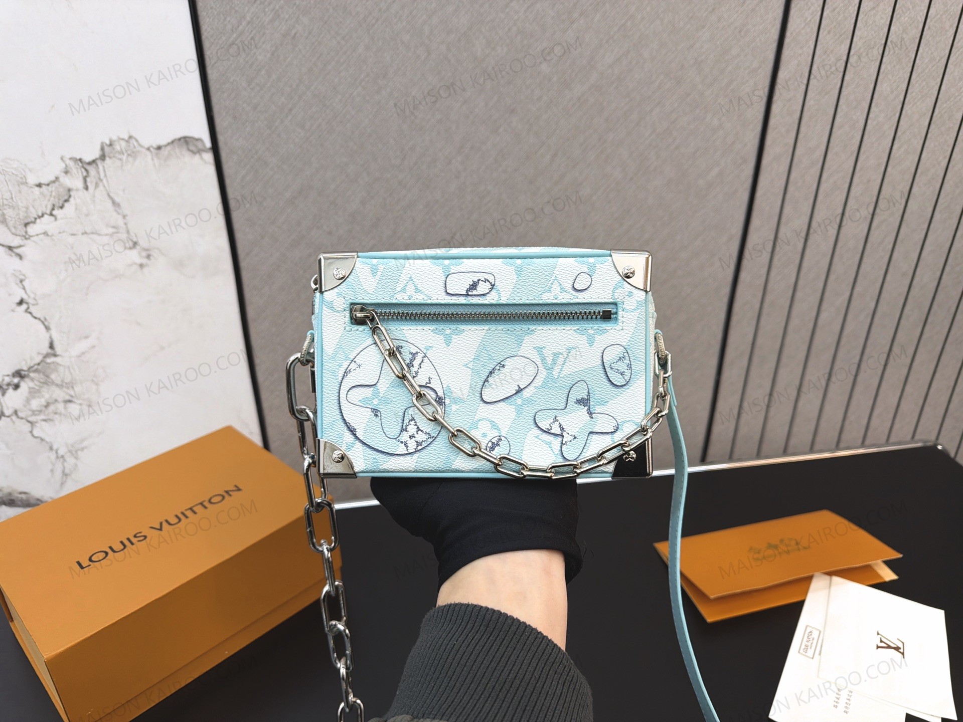 Louis Vuitton LV Mini Soft Trunk Pastel Light Blue Comics Monogram Canvas Silver Chain Crossbody Bag - KAIROO