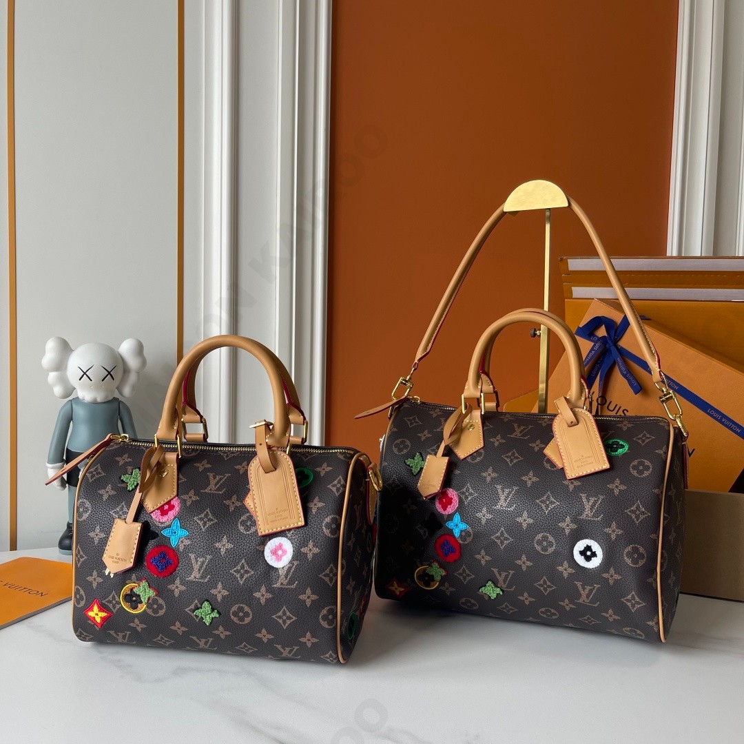 Louis Vuitton LV Speedy 25/30 Canvas& Denim Monogram Multicolor 3D Embroidered Patch Boston Top Handle Bag - KAIROO