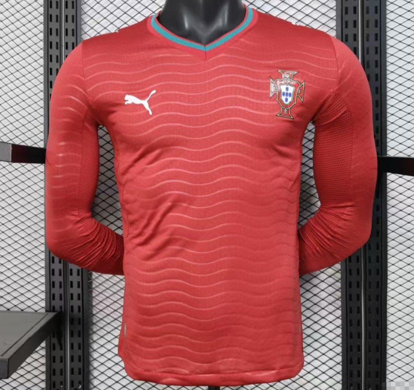 Player Version 2026 Portugal Home Long Sleeve Red with Horizontal Wave Pattern Jersey S-3XL