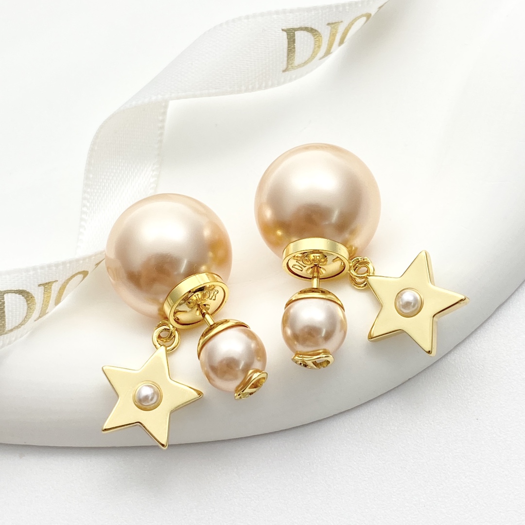 Dior Rose Gold Pearl Star Double Bead Stud Earrings