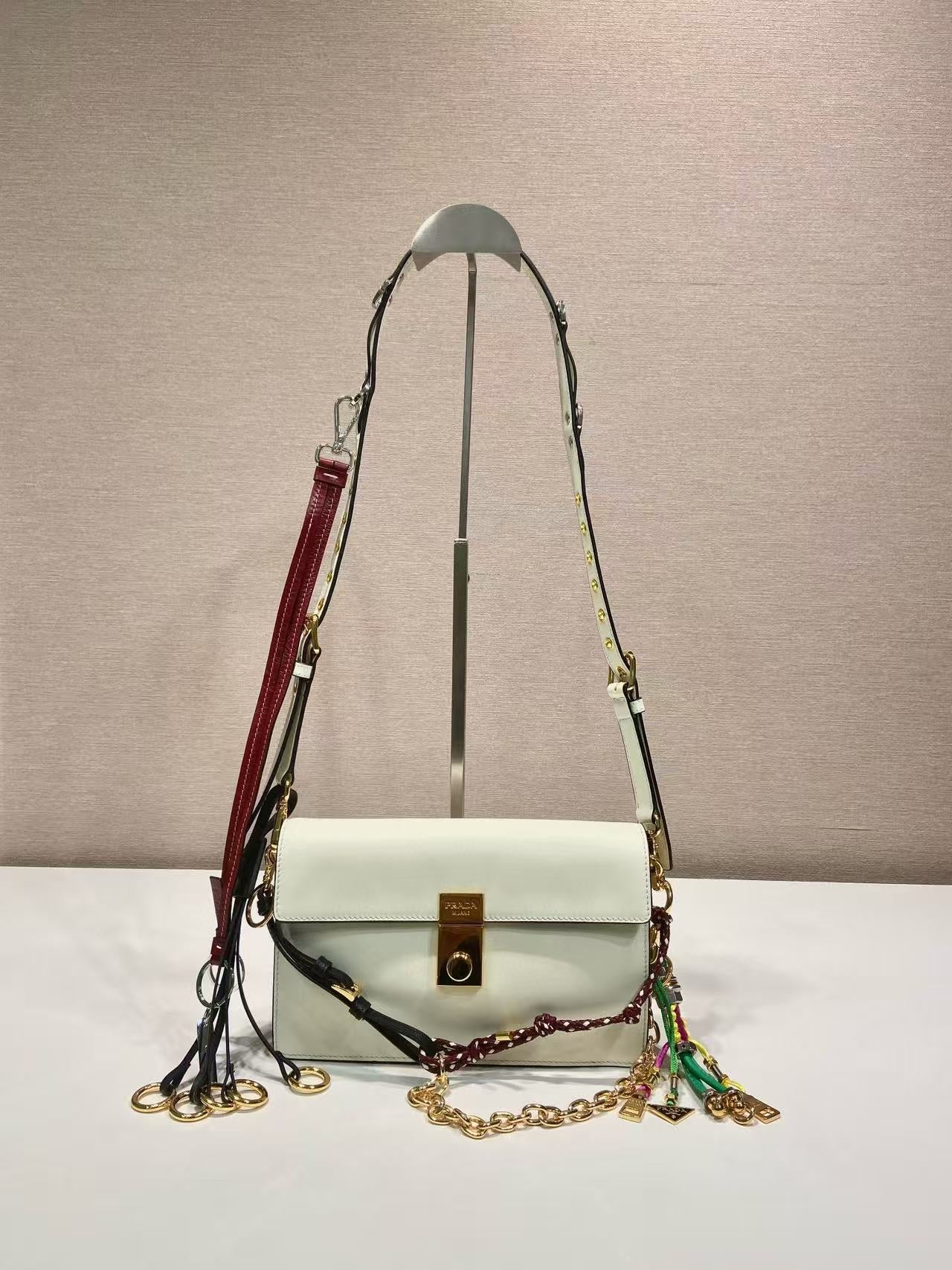 Prada  Soft Sound Shoulder Bag 24cm Ivory Leather With Charms