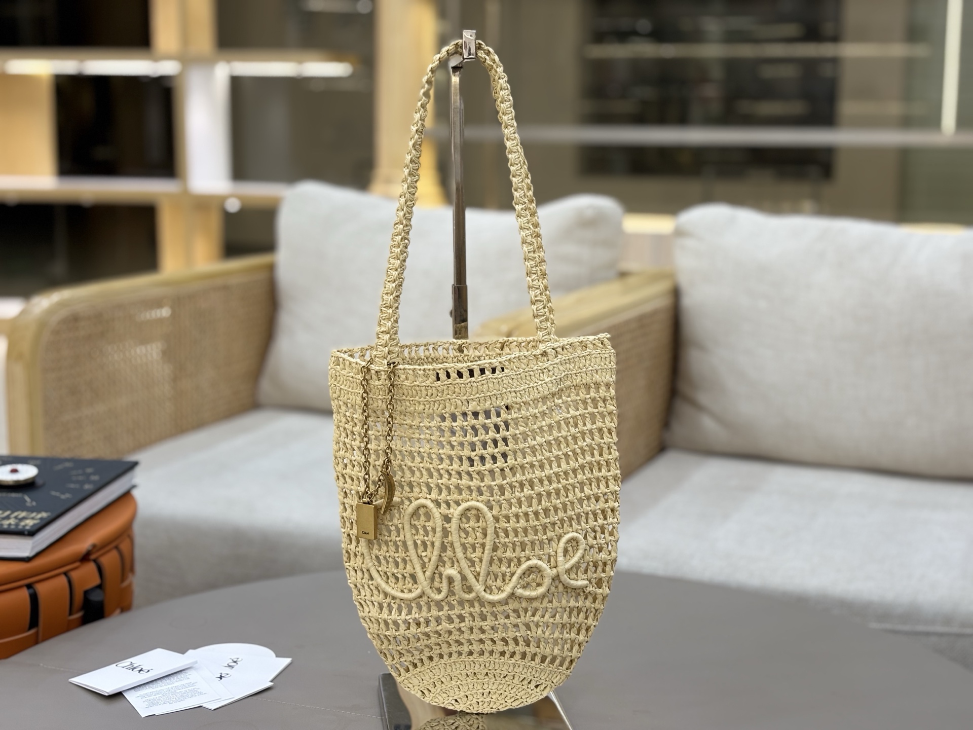Chloe Small Summer Banaba Tote Bag in Raffia-Sand