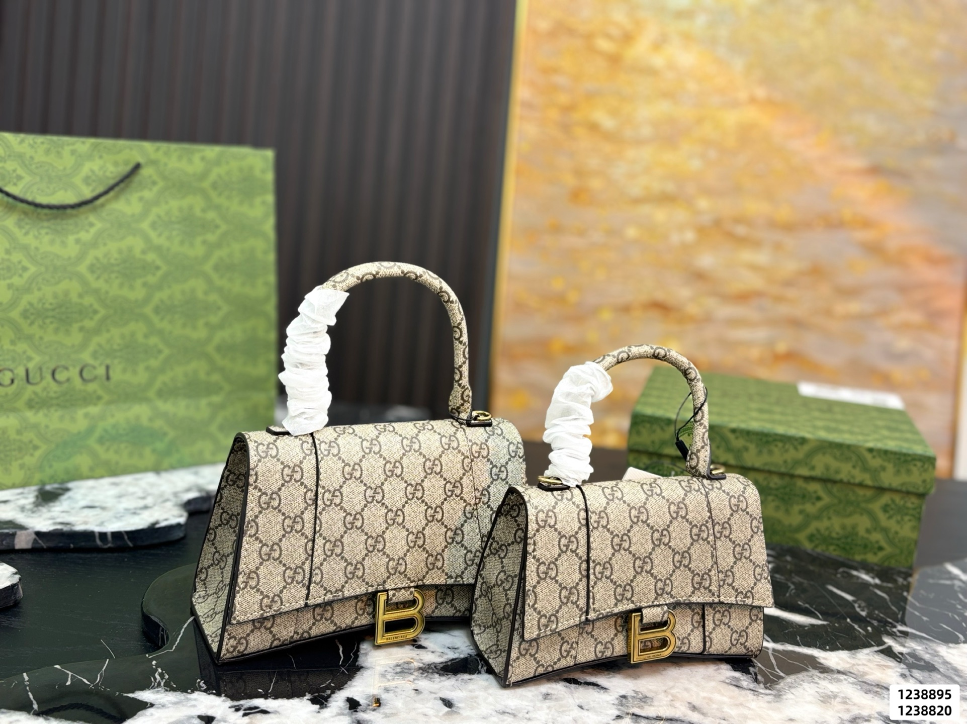 Balenciaga × Gucci GG Monogram Hacker Coated Canvas Gold B-Hardware Hourglass Bag - KAIROO