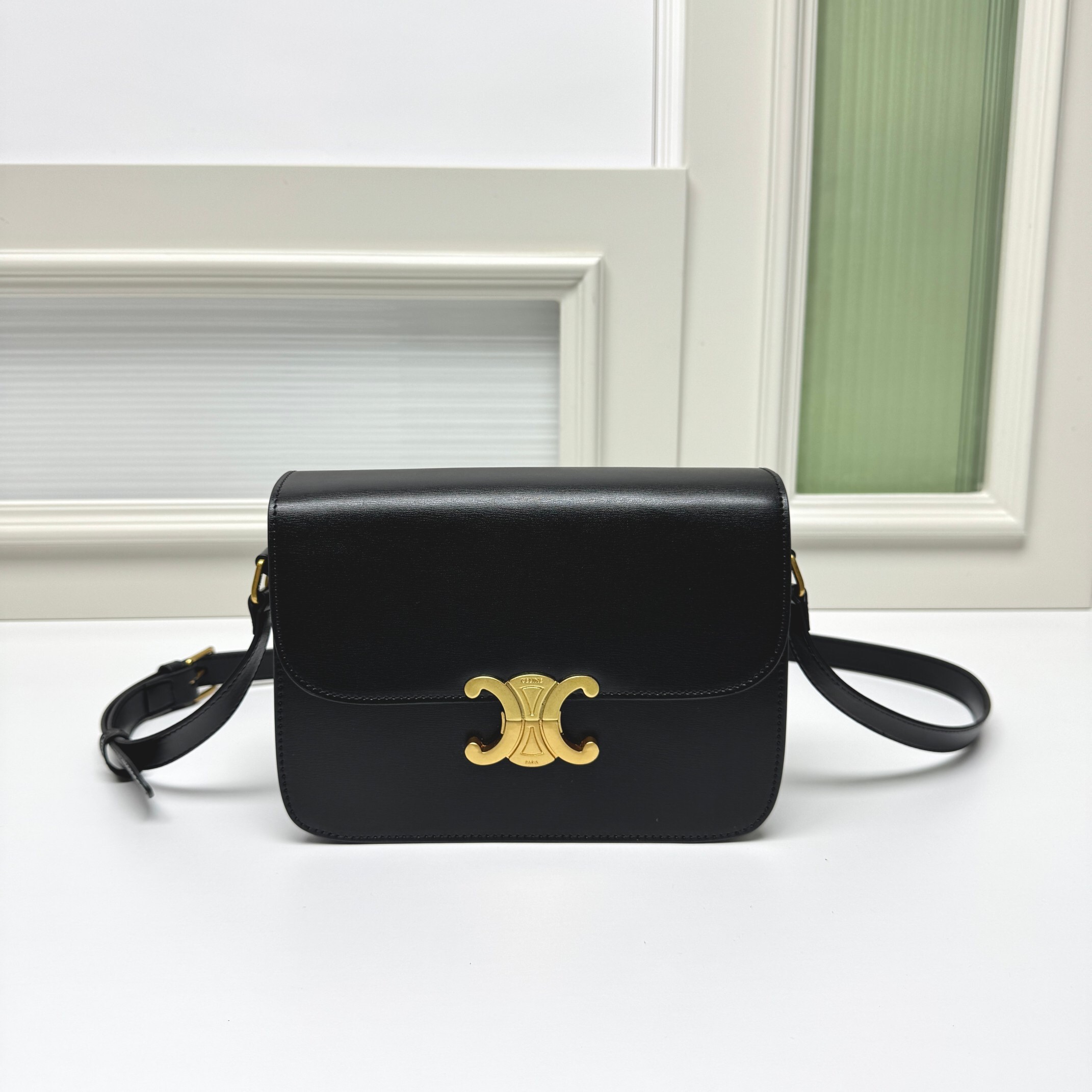 Celine Medium Leather Metal Triomphe Hardware Magnetic Buckle Flap Box Crossbody Bag - KAIROO
