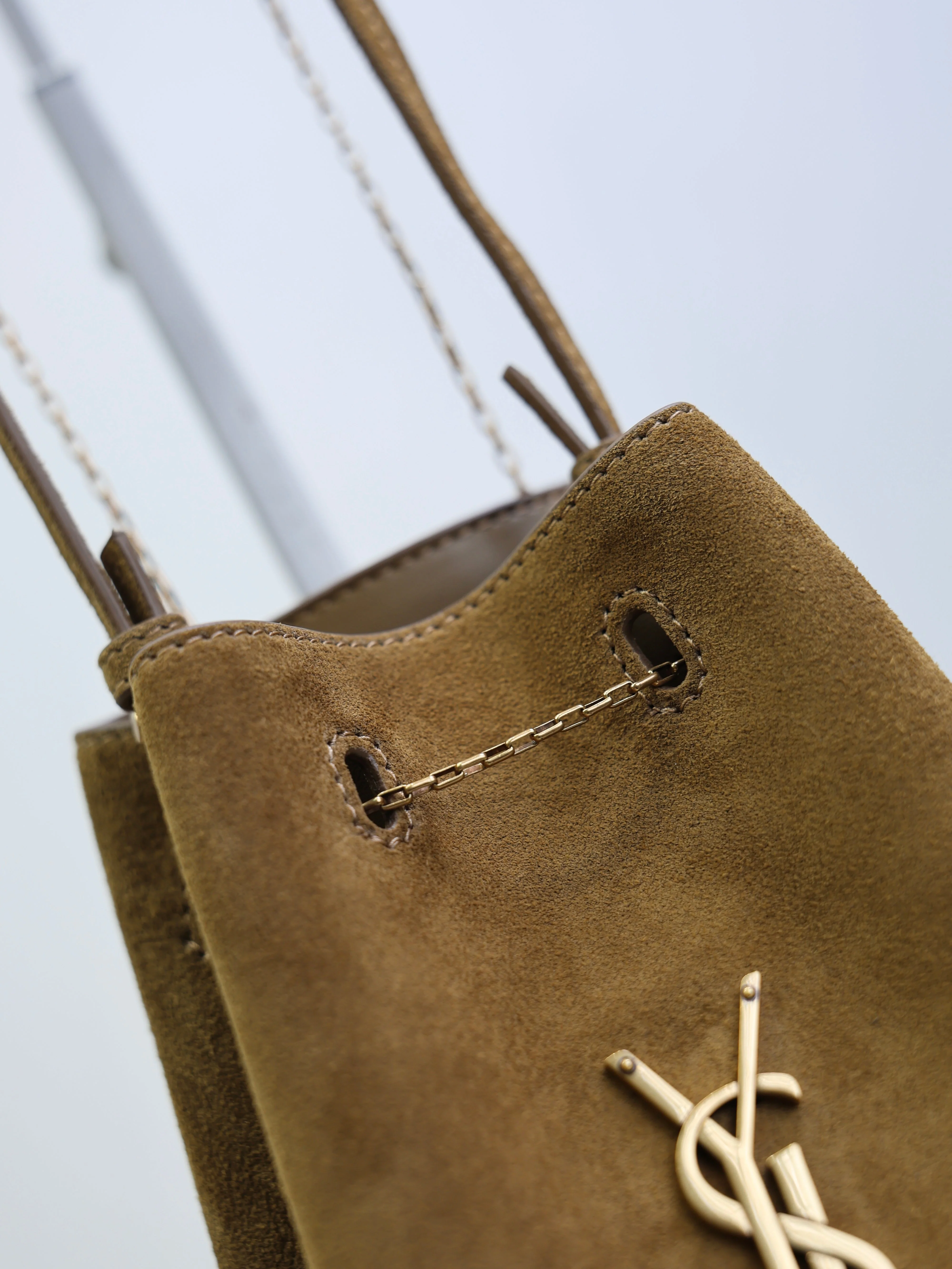 Saint Laurent YSL Pochon Bucket Bag 20cm Brown Suede Bronze-Tone HW