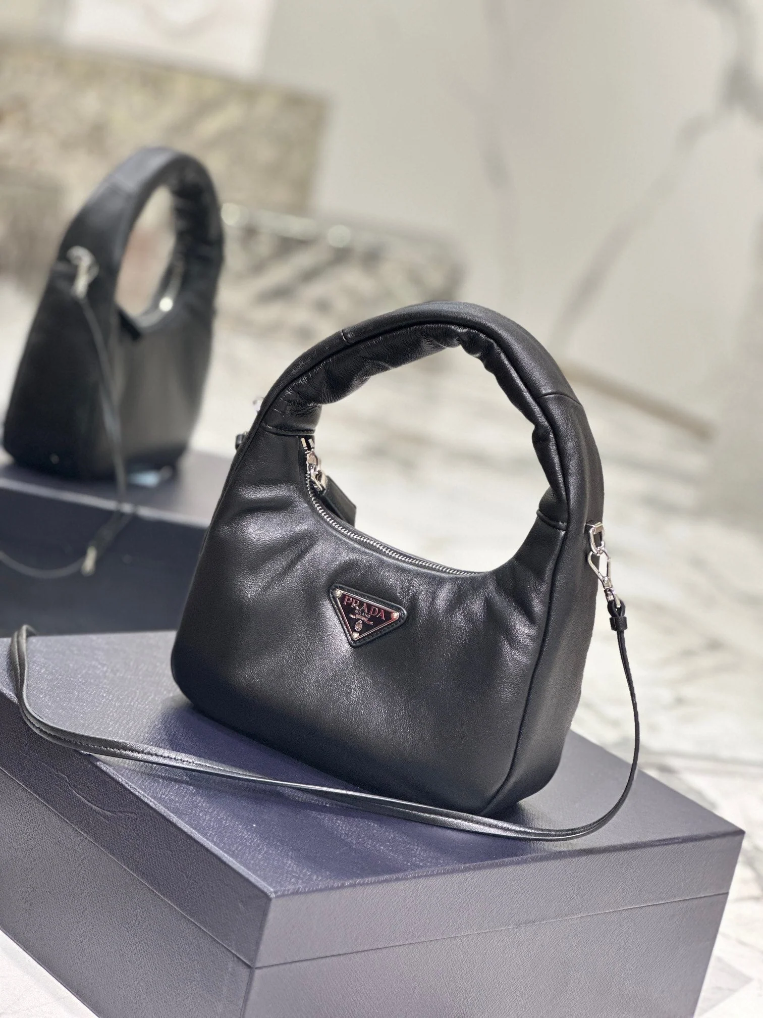 Prada HOBO BAG 21 IN BLACK SOFT LAMBSKIN