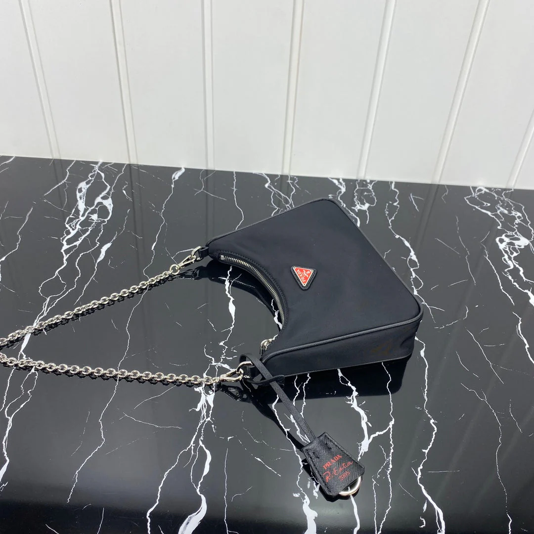 Prada HOBO 22 BAG IN BLACK RE-NYLON WITH RED LOGO