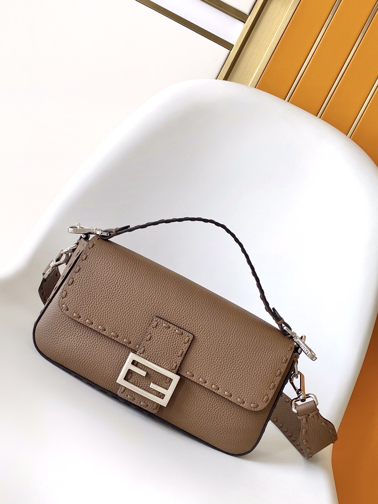 Fendi Medium Selleria Baguette Leather Bag-Brown