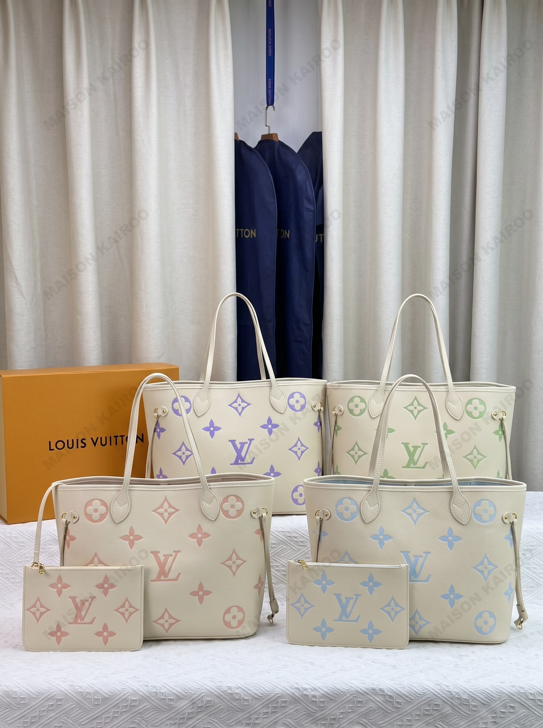 Louis Vuitton LV Neverfull MM Cream Base Pastel Bicolor Giant Logo Monogram Empreinte Leather Tote Bag - KAIROO