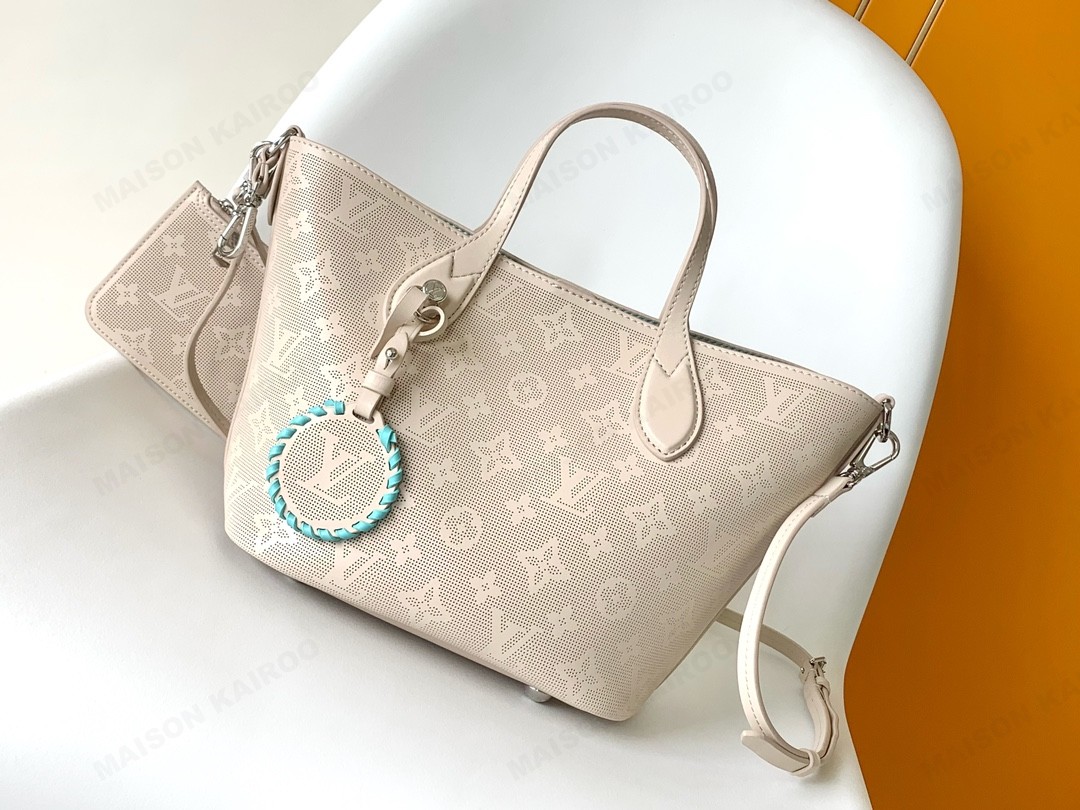 【10A】Louis Vuitton LV Mahina Blossom PM Beige Cyan Full Perforated Monogram Leather Basket Handle Tote Bag - KAIROO
