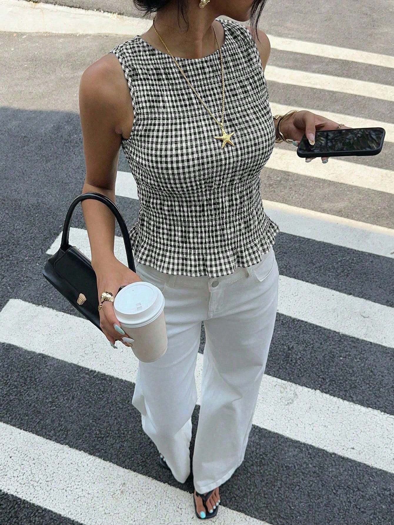 Women's Plaid Smocked Ruffle Hem Round Neck Tank Top
