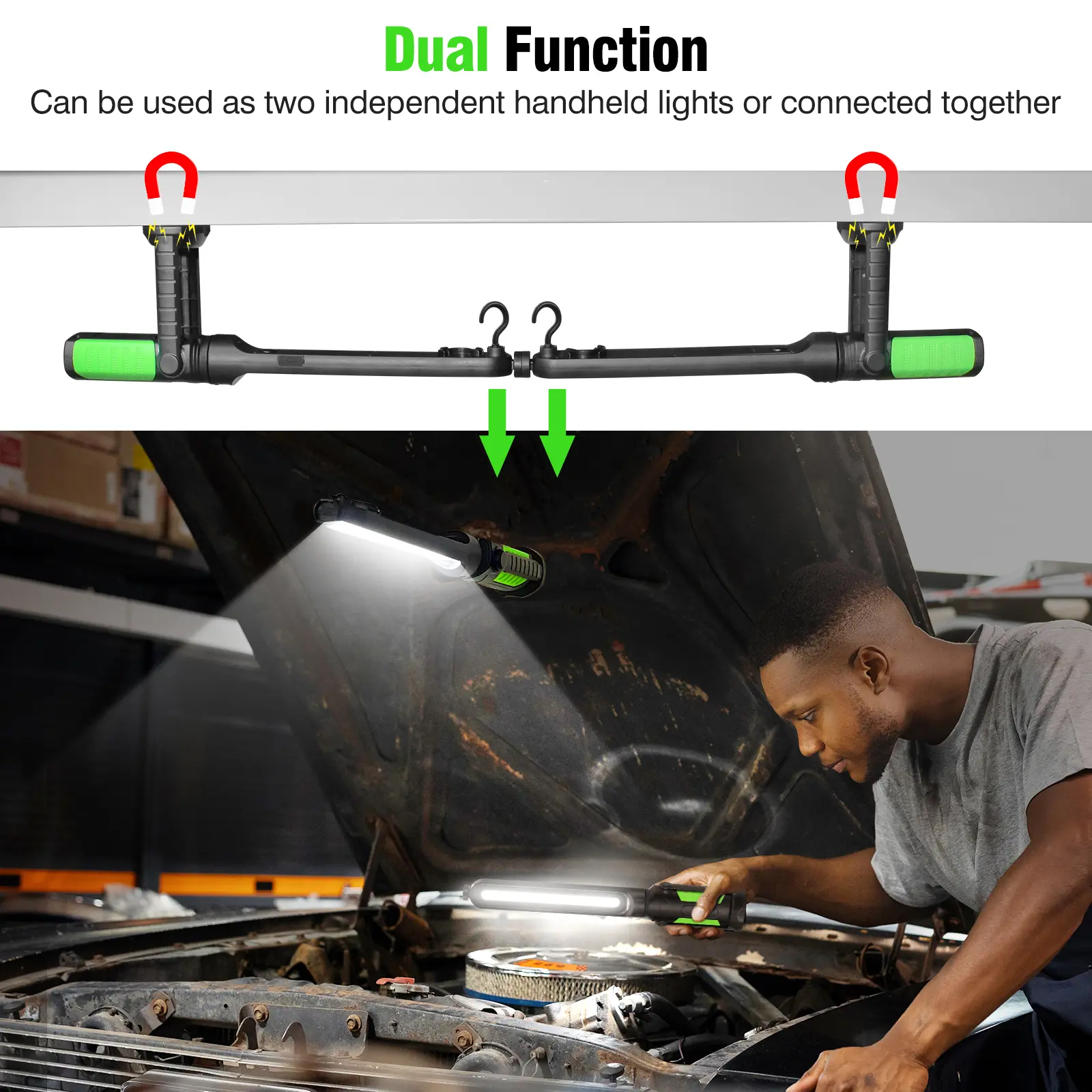 2-in-1 Detachable Under Hood Work Light Bar - 2400LM Rechargeable Magnetic Mechanic LED Light with Spotlights & Hooks (4400mAh, Father's Day Gift)