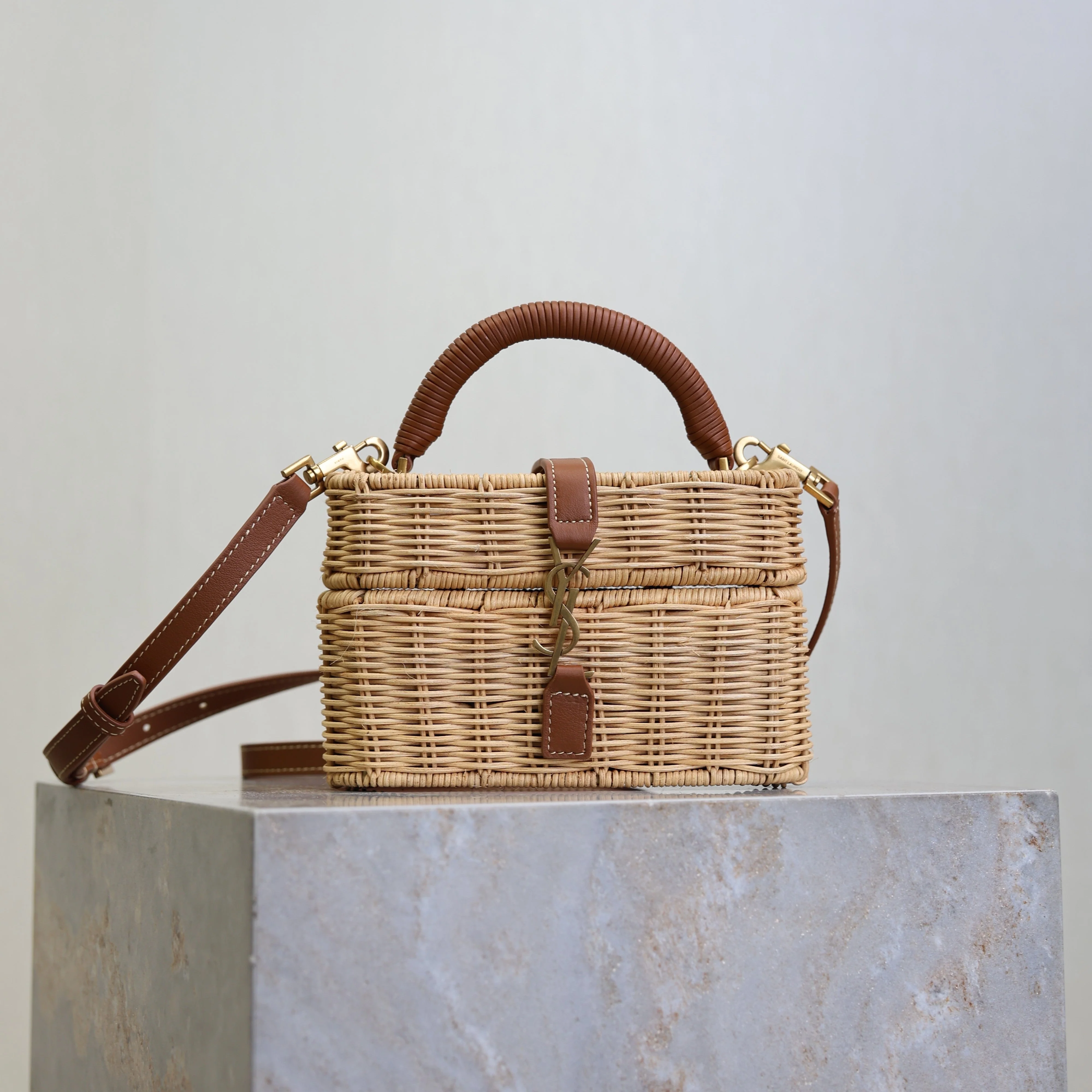 Saint Laurent YSL  Gaby Vanity Bag Beige Brown Raffia Leather