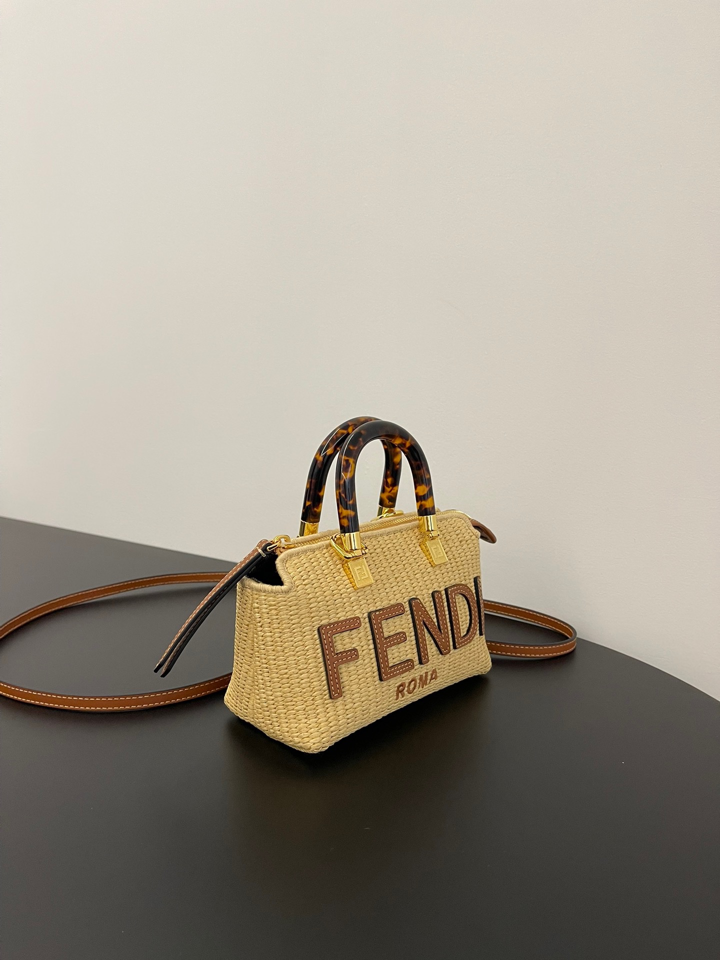 Fendi Mini By The Way Natural Raffia Tortoiseshell Plexiglass Handles Boston Bag - KAIROO