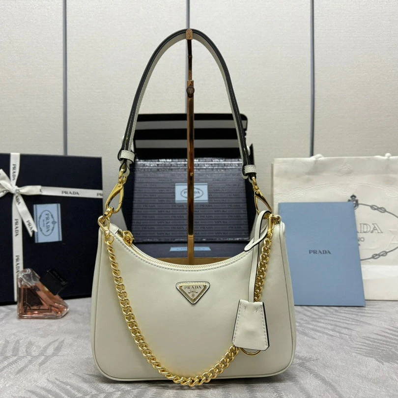 Prada HOBO BAG 23 IN WHITE NAPPA LAMBSKIN GOLD CHAIN