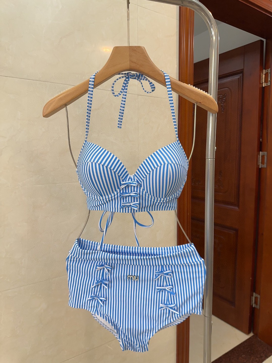 Miu Miu Blue Stripe Print Bow Detail High-Waist Push-up Two-Piece Swimsuit - KAIROO