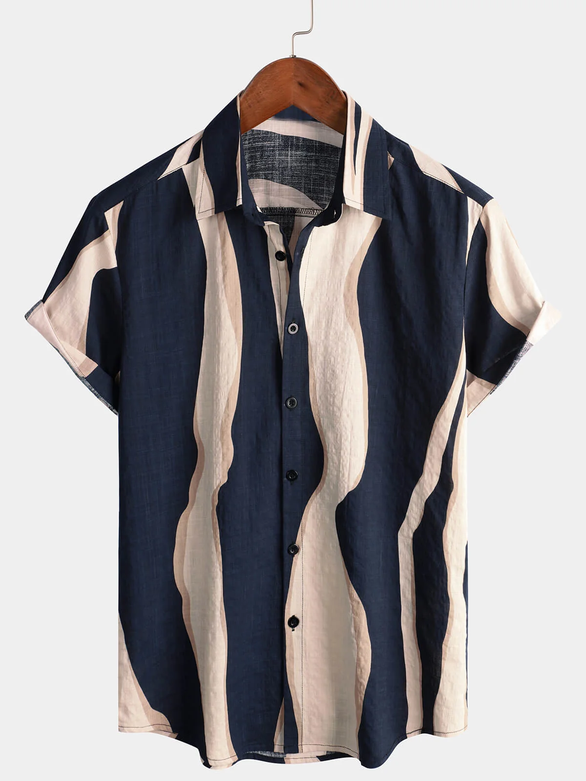 Men's Navy Striped Casual Button-Up Short Sleeve Shirt