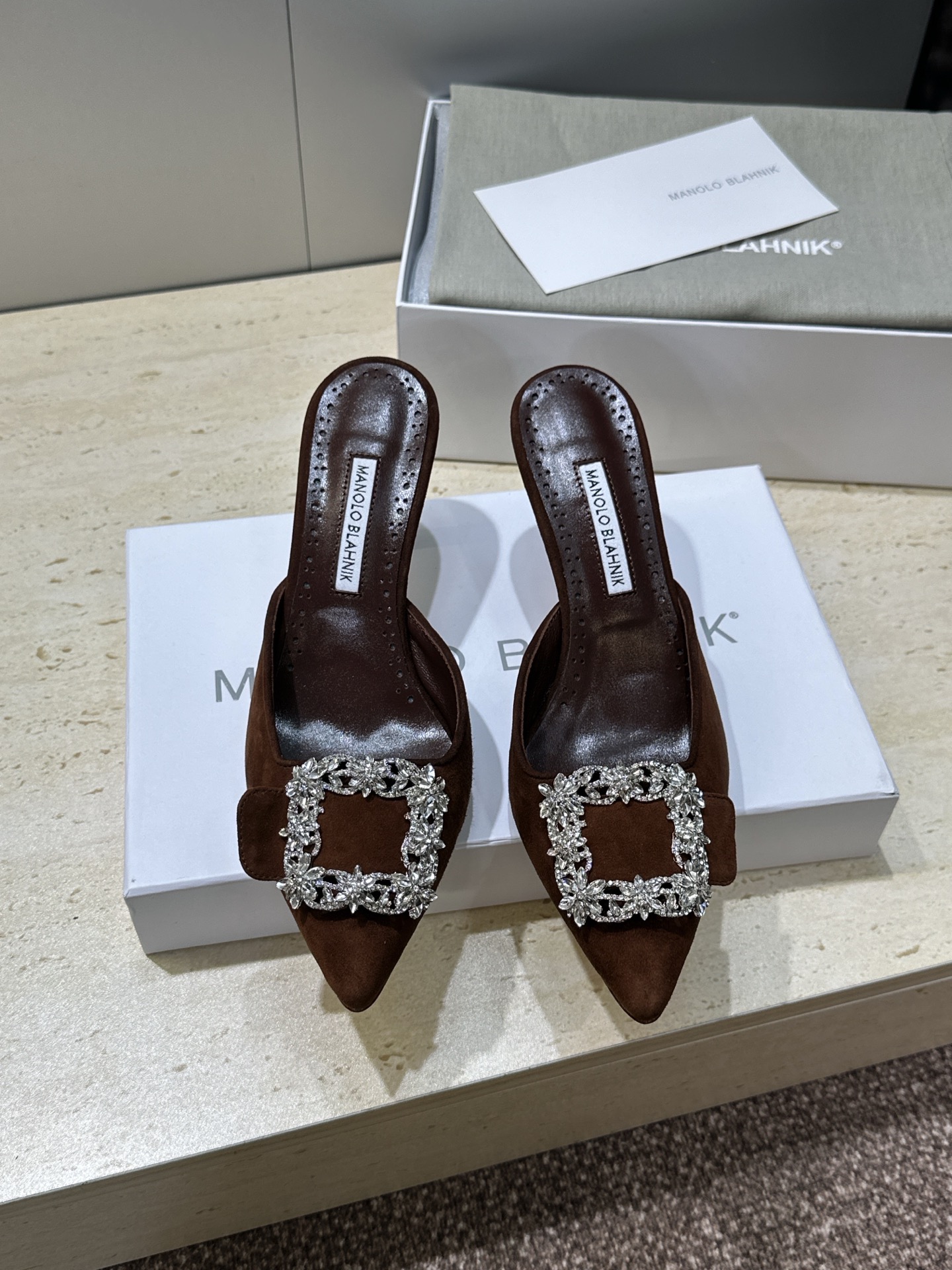 Manolo Blahnik Swarovski Crystal and Suede Heeled Slide