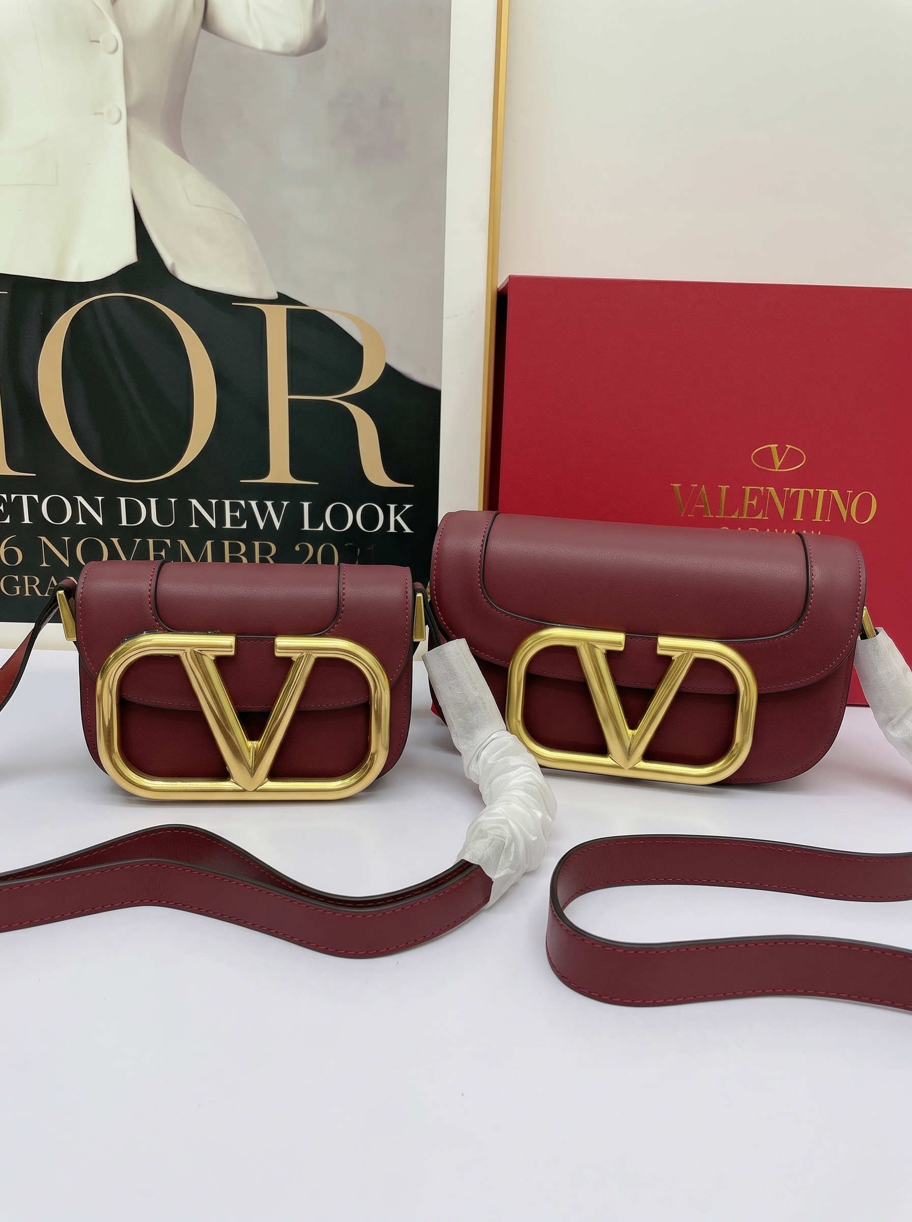 Valentino Mini& Small Oversized VLogo Signature Bordeaux Leather Maxi Gold Hardware Flap Shoulder Bag - KAIROO