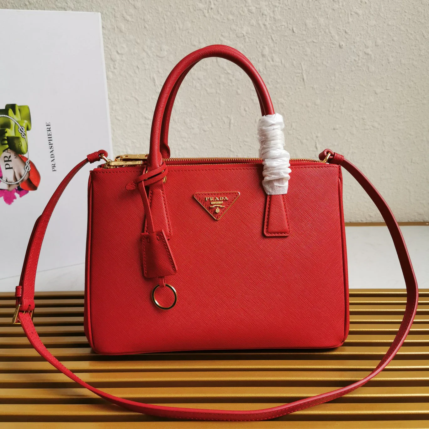 Prada GALLERIA 28 BAG IN CHERRY RED SAFFIANO LEATHER