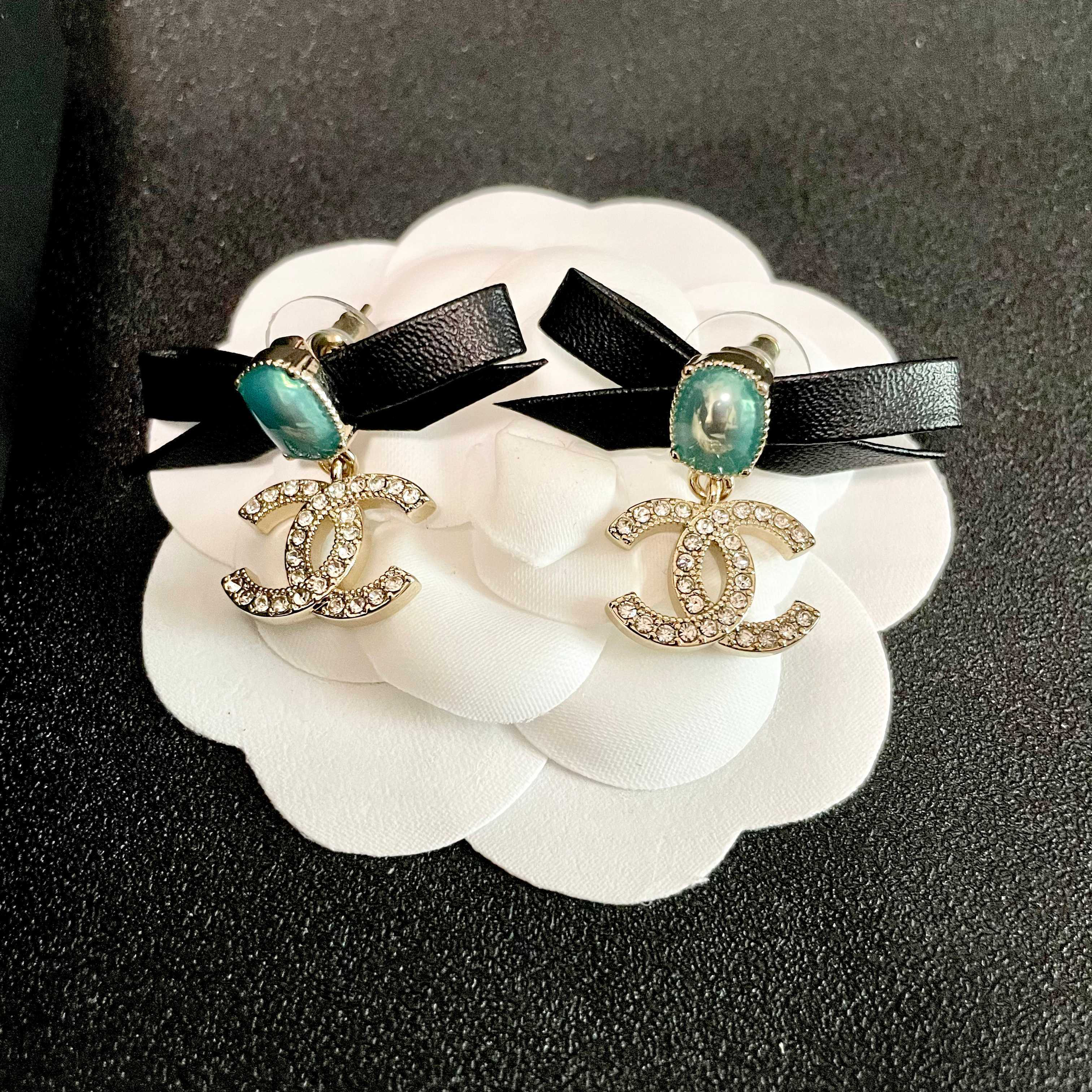 Chanel Leather Bow Blue Stone Crystal CC Drop Earrings - KAIROO