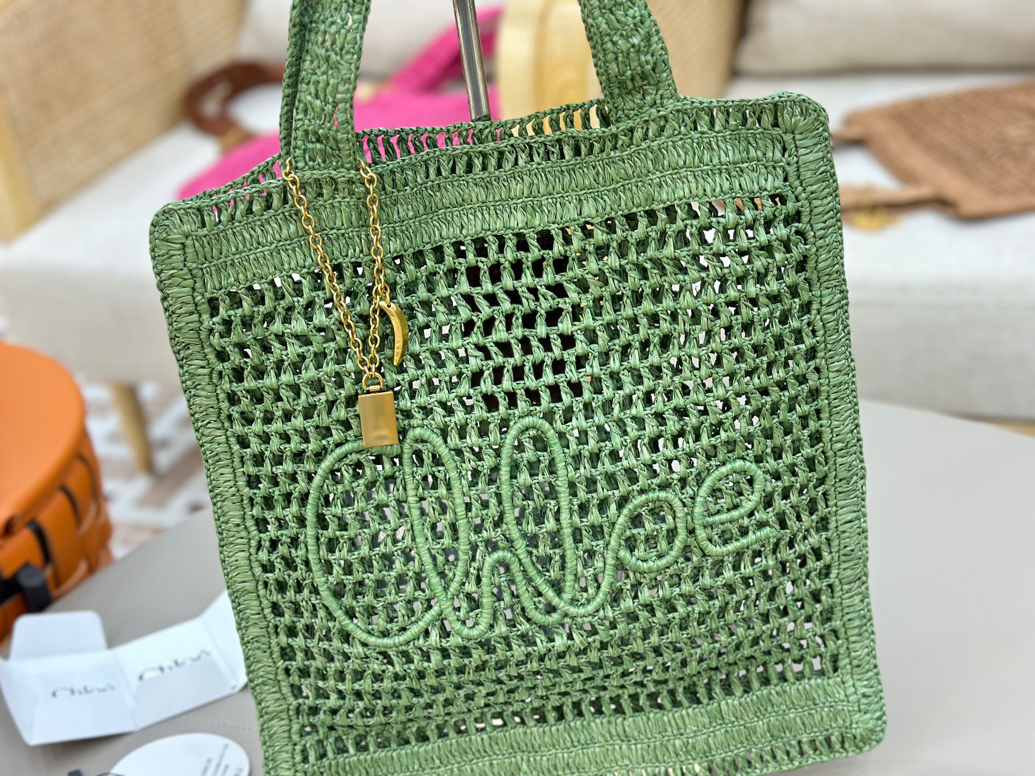 Chloe Summer Banana Tote Bag in Raffia-Green