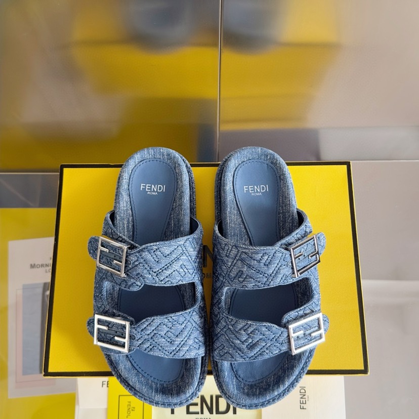 Fendi Open Toe Double Buckle Band FF Logo Denim Jacquard Platform Sandals - KAIROO