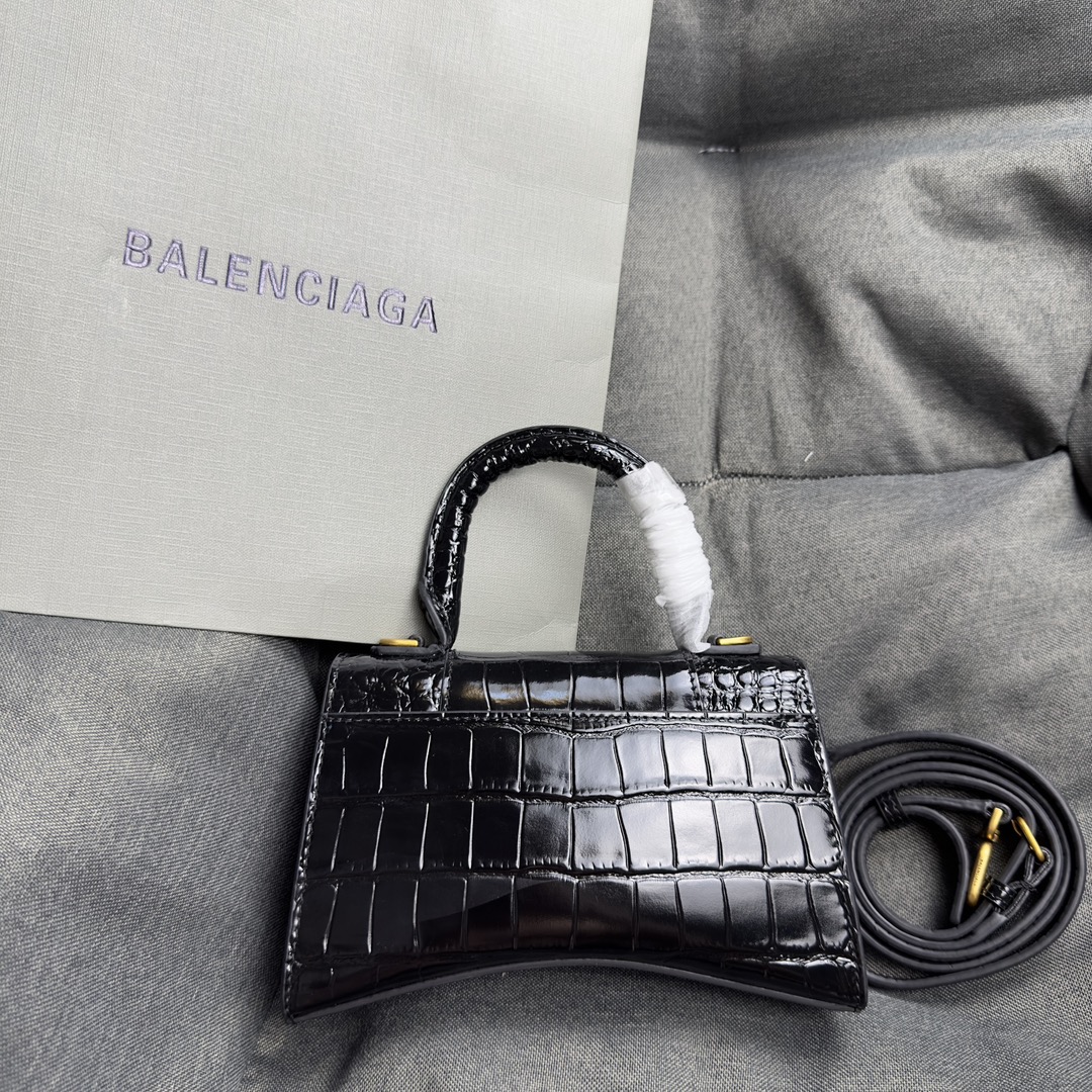 𝐁alenciaga Hourglass XS Handbag in black crocodile embossed calfskin