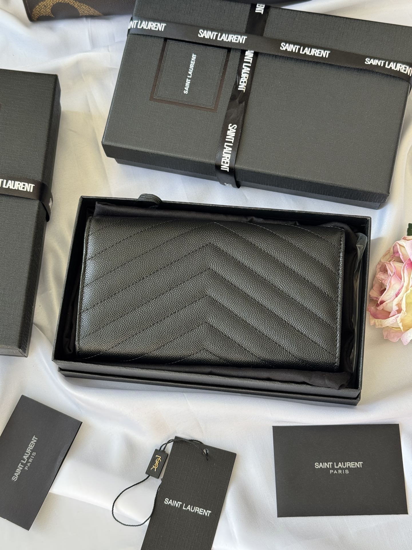 Saint Laurent Black Cassandre Large Wallet in Grained leather