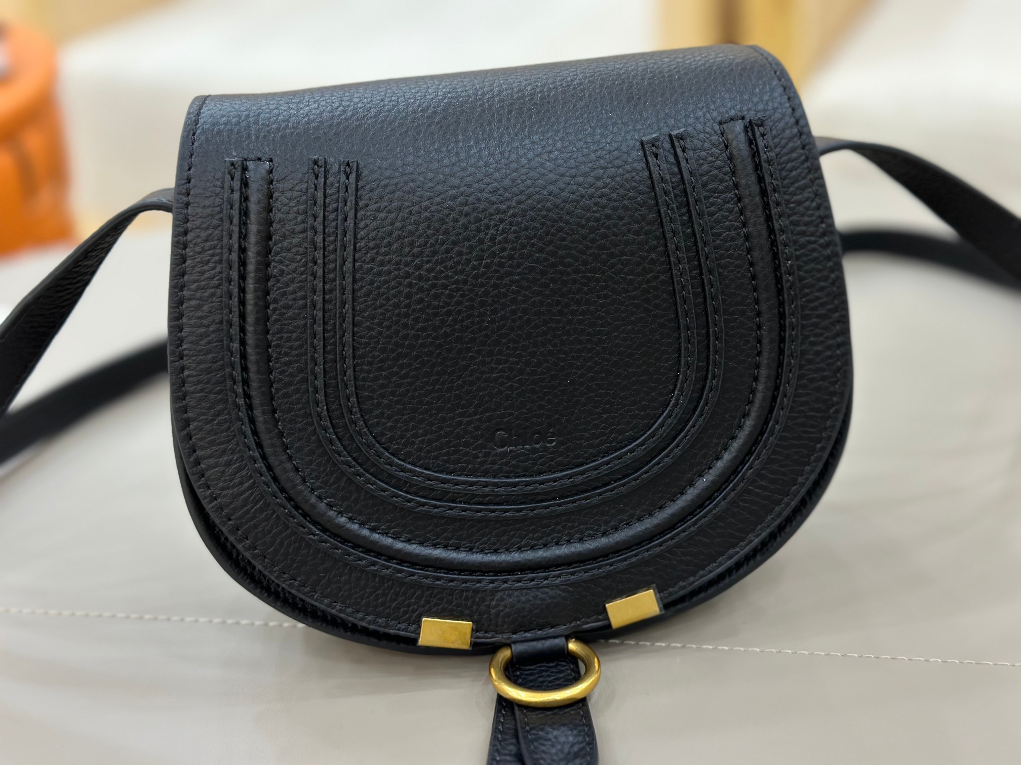 Chloe Small Marcie Saddle Bag in Grained Calfskin-Black