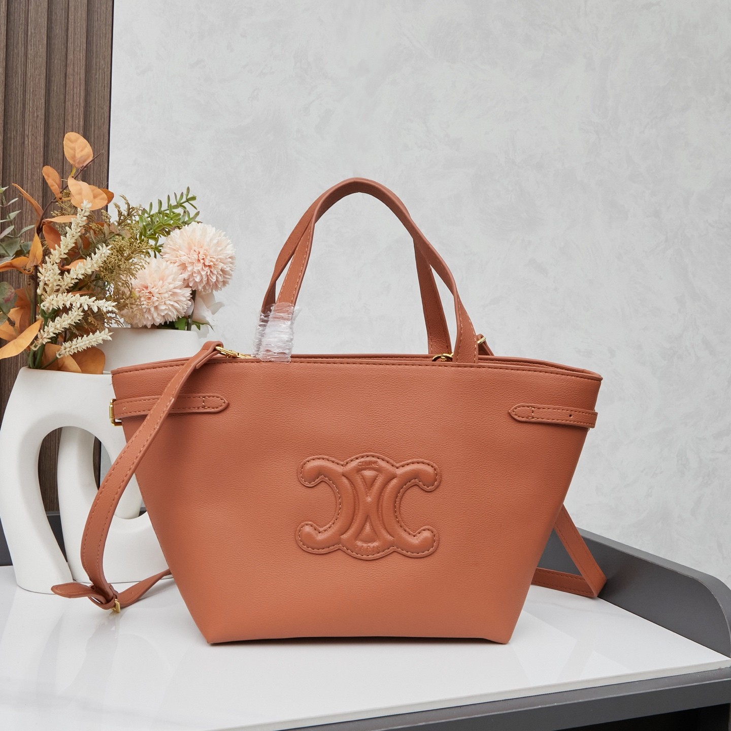 Celine Cabas Thais Embossed Cuir Triomphe Logo Leather Trapeze Tote Bag - KAIROO