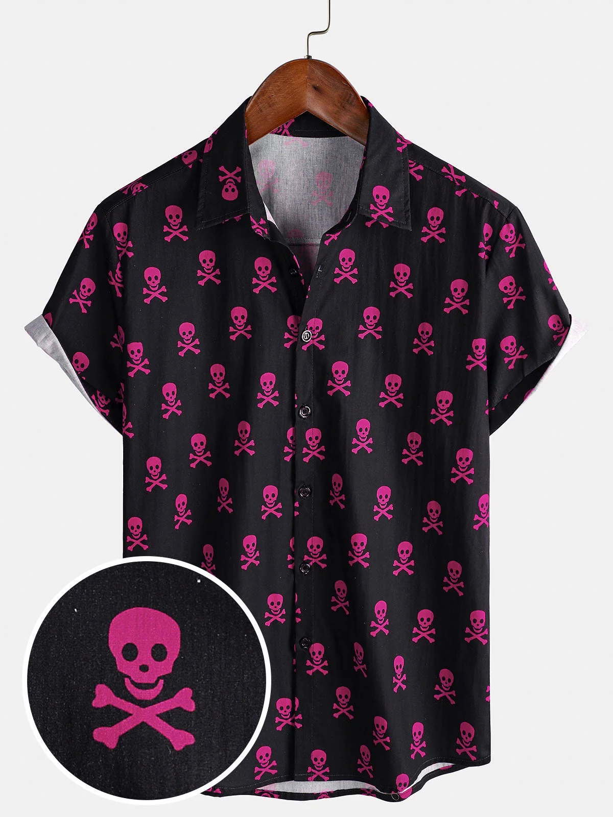 Men's Pink Skull Punk Rock Breathable Cotton Summer Vacation Short Sleeve Shirt