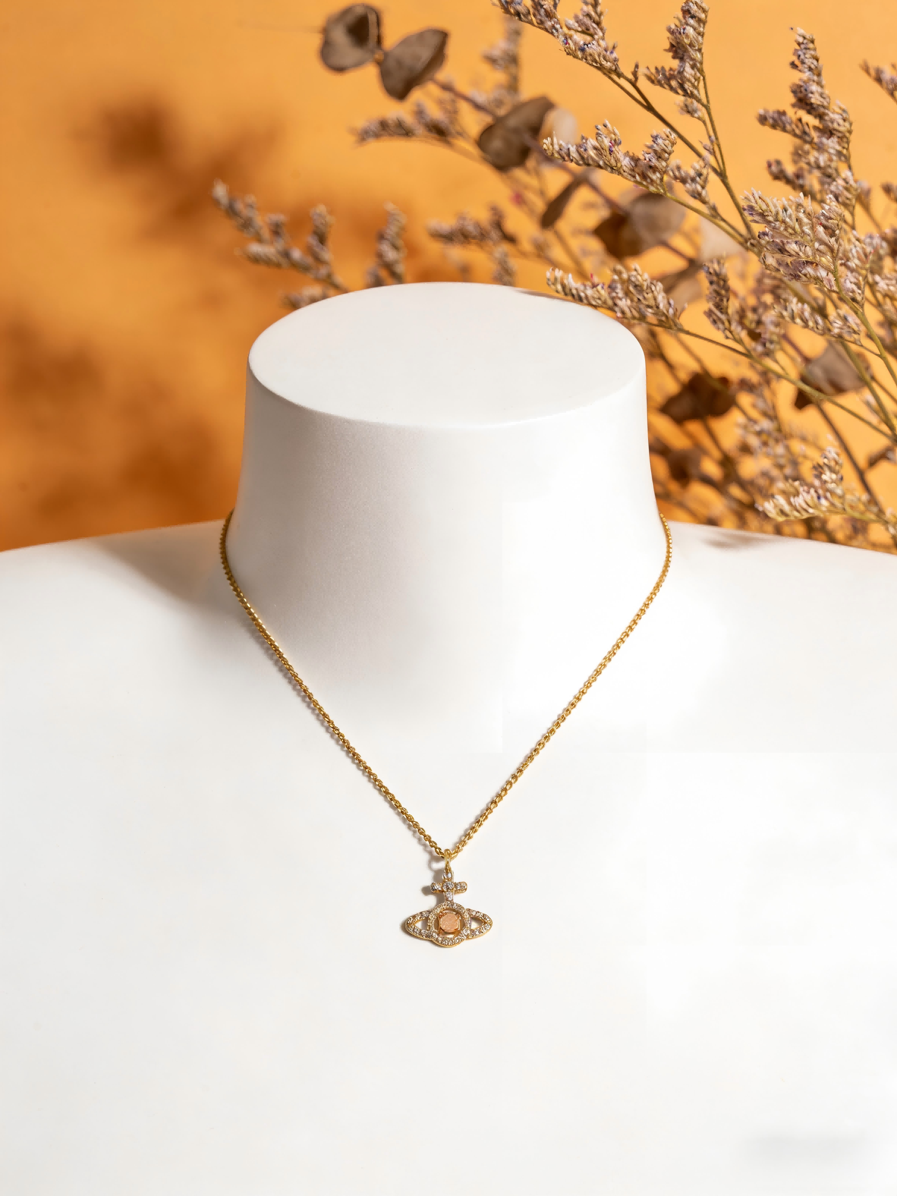 Dainty Gold Saturn Pendant Necklace – Sparkling Pink Accent Jewelry Gift for Her