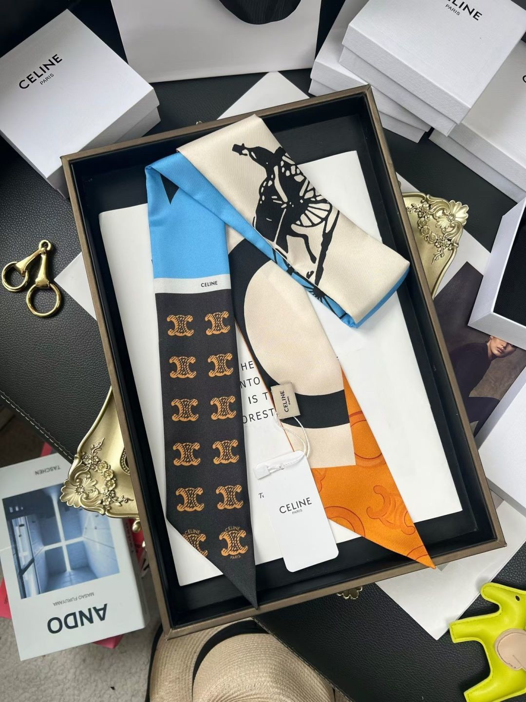 Celine Blue Orange Black Ivory Heritage Carriage Triomphe Logo Print Silk Twill Skinny Scarf - KAIROO