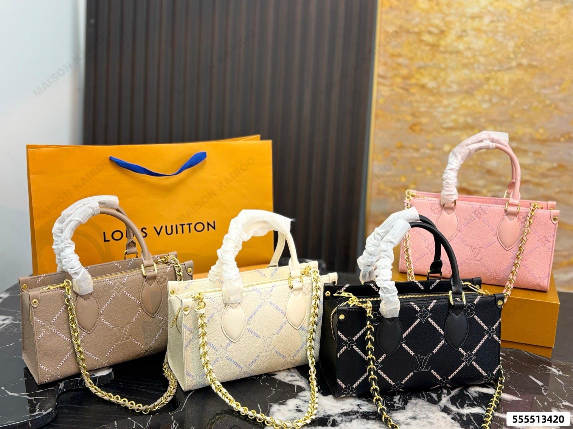 Louis Vuitton LV OnTheGo East West Diamond Stitch Monogram Leather Zipper Chain Top Handle Tote Bag - KAIROO