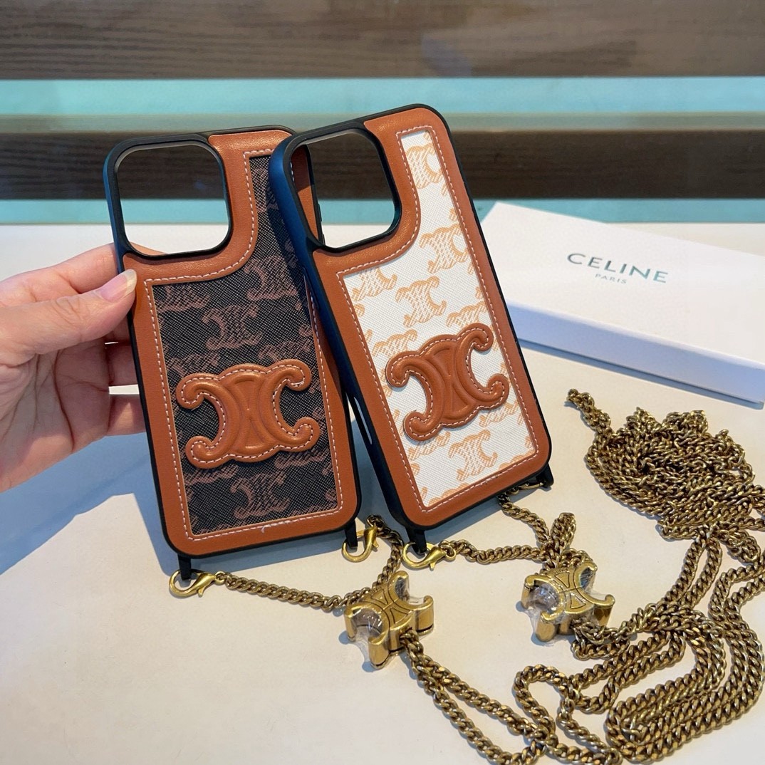 Celine Triomphe Canvas and Tan Leather Patch Logo Chain Phone Case - KAIROO