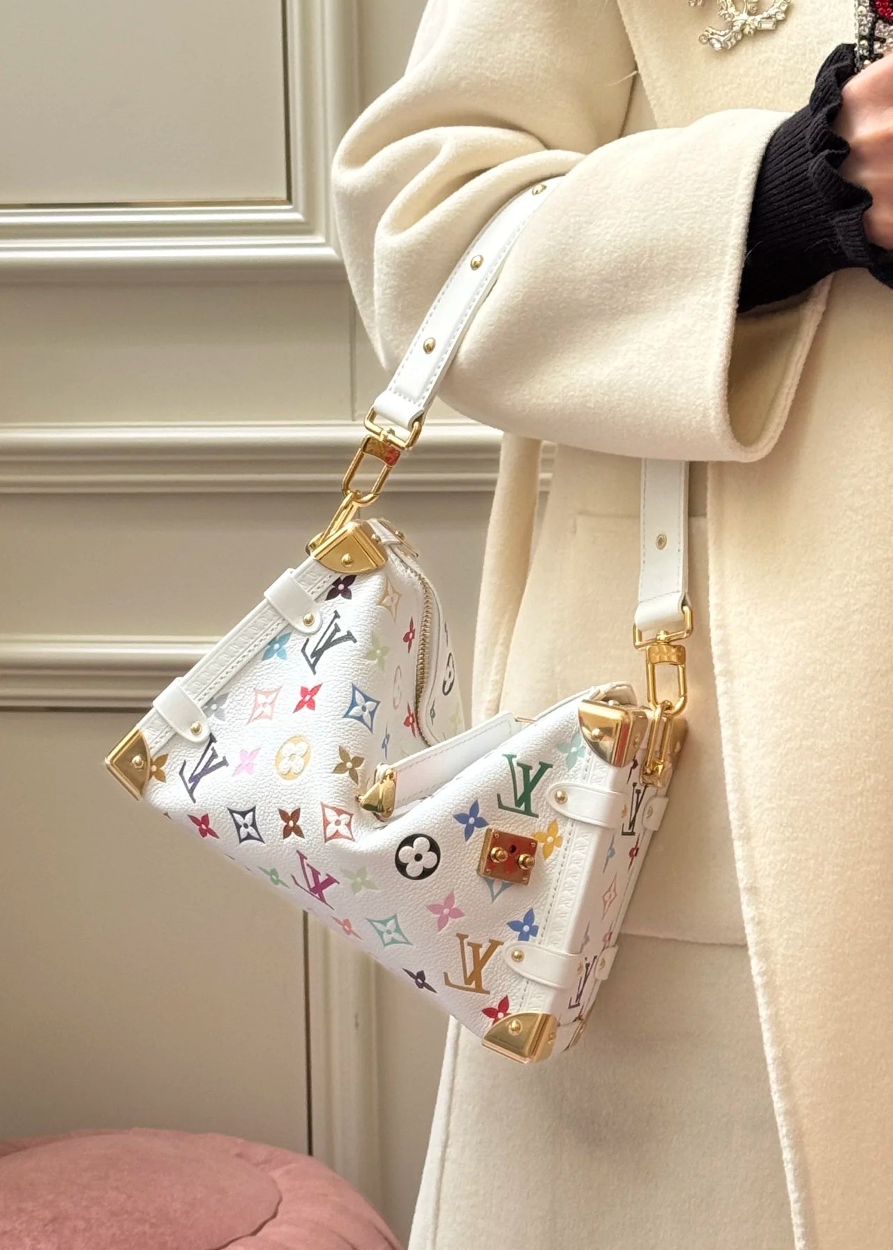 Louis Vuitton LV x TM Side Trunk MM White Multicolore Monogram Canvas White Trim S-Lock Soft Crossbody Bag - KAIROO