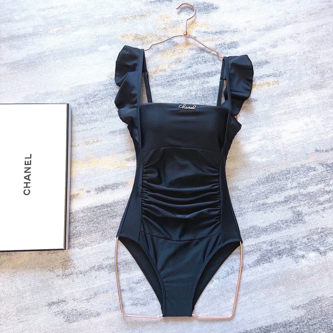 Chanel Script Logo Square Neck Ruffled Strap Ruched One-Piece Swimsuit - KAIROO