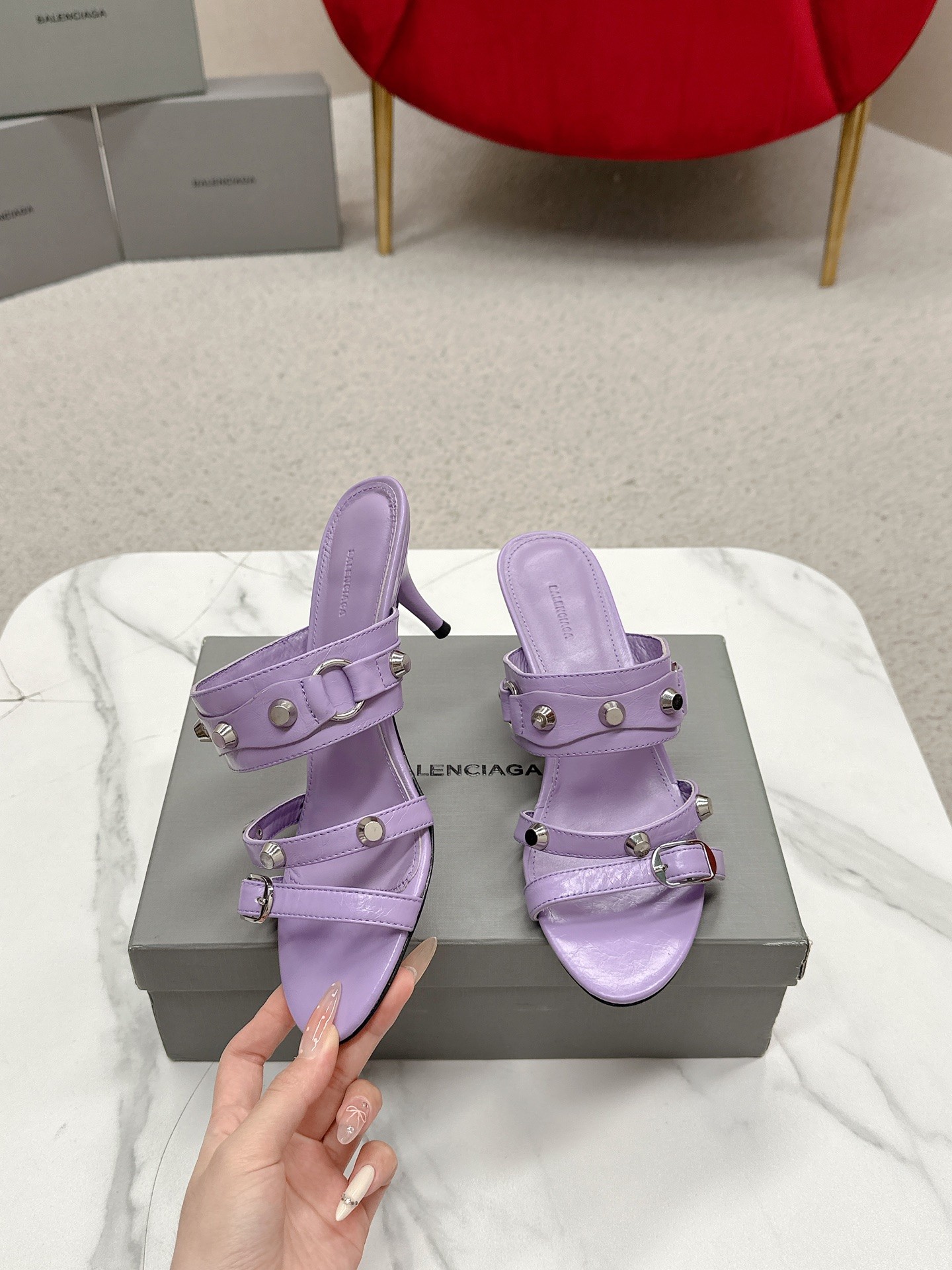 Balenciaga Cagole Purple Leather Studded Buckle Strap Pointed Toe Kitten Mules Heels /Top Version - KAIROO