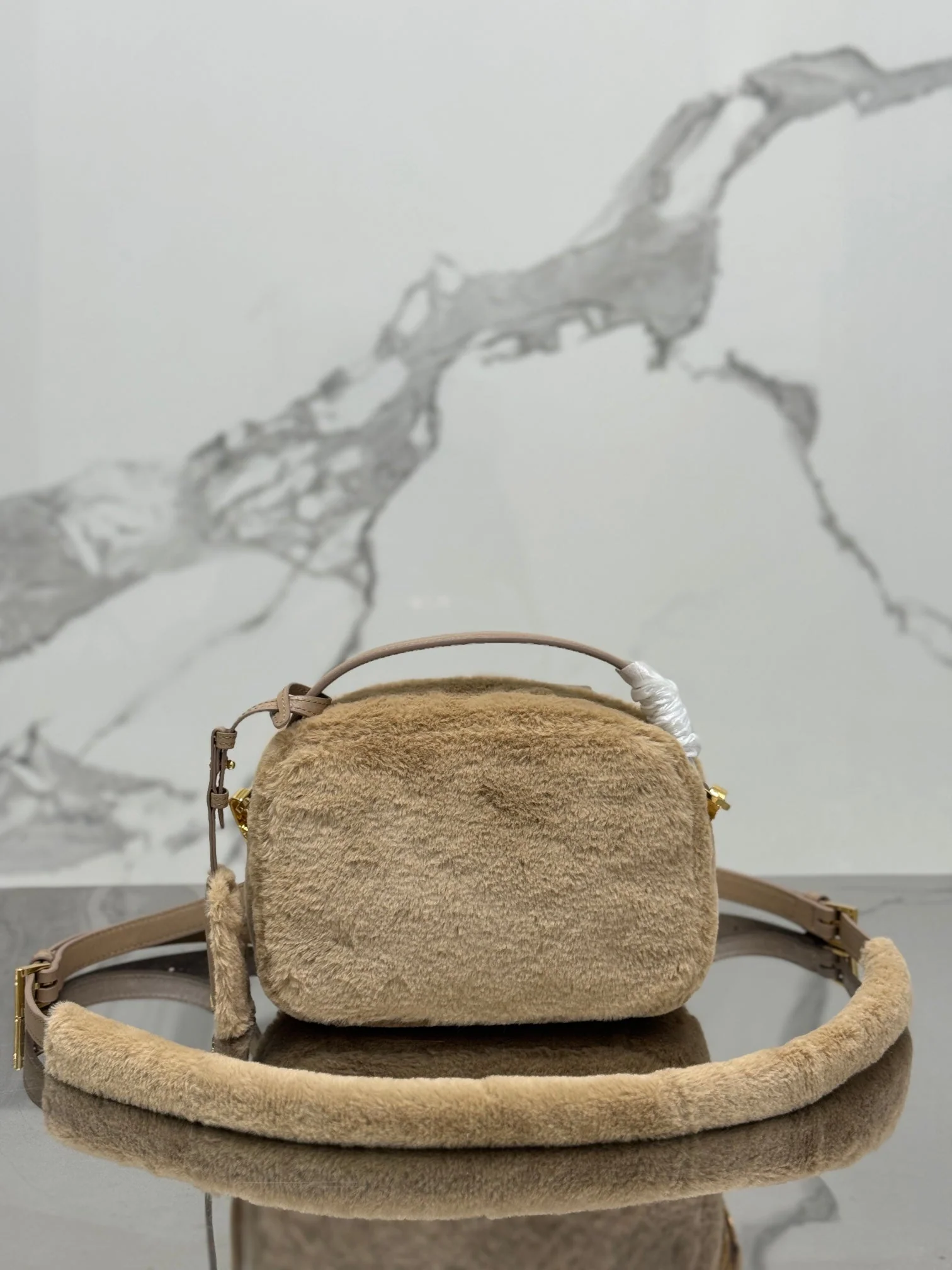 Prada MINI SHOULDER BAG 19 IN BEIGE RABBIT FUR