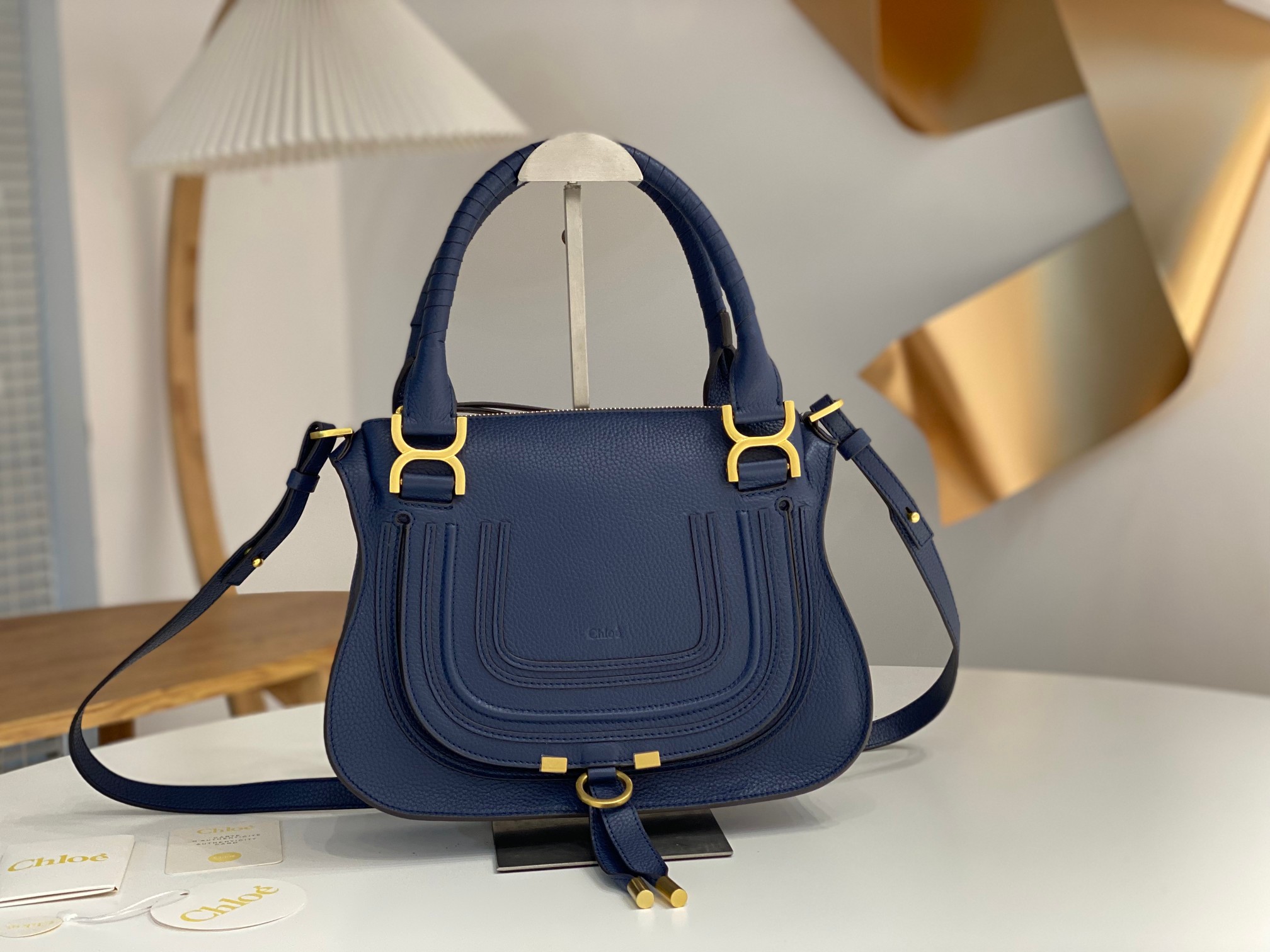 Chloe Small Marcie Bag in Grained Leather-Navy Blue