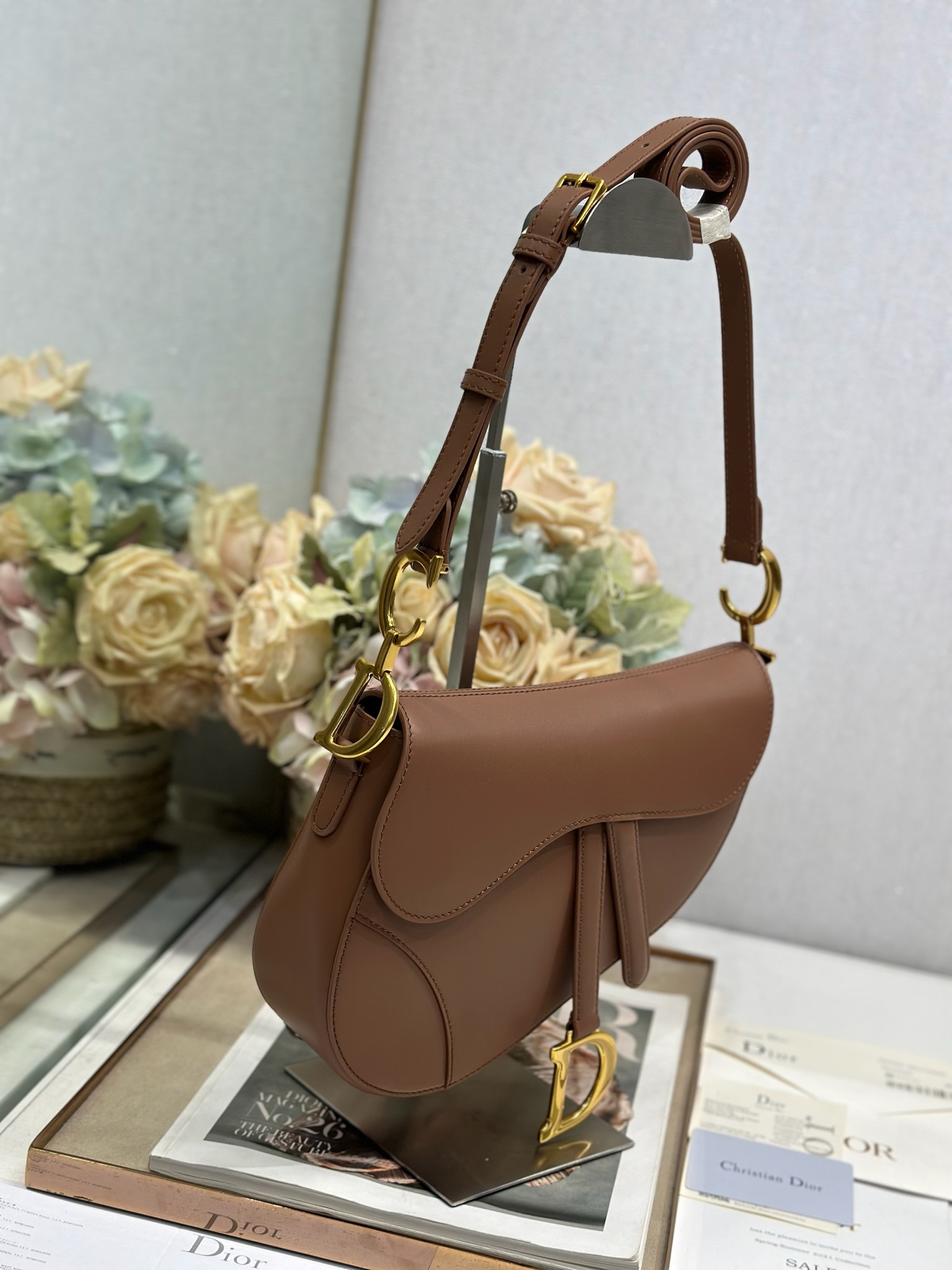 Dior Medium Soft Saddle Shoulder Bag in brown smooth leather