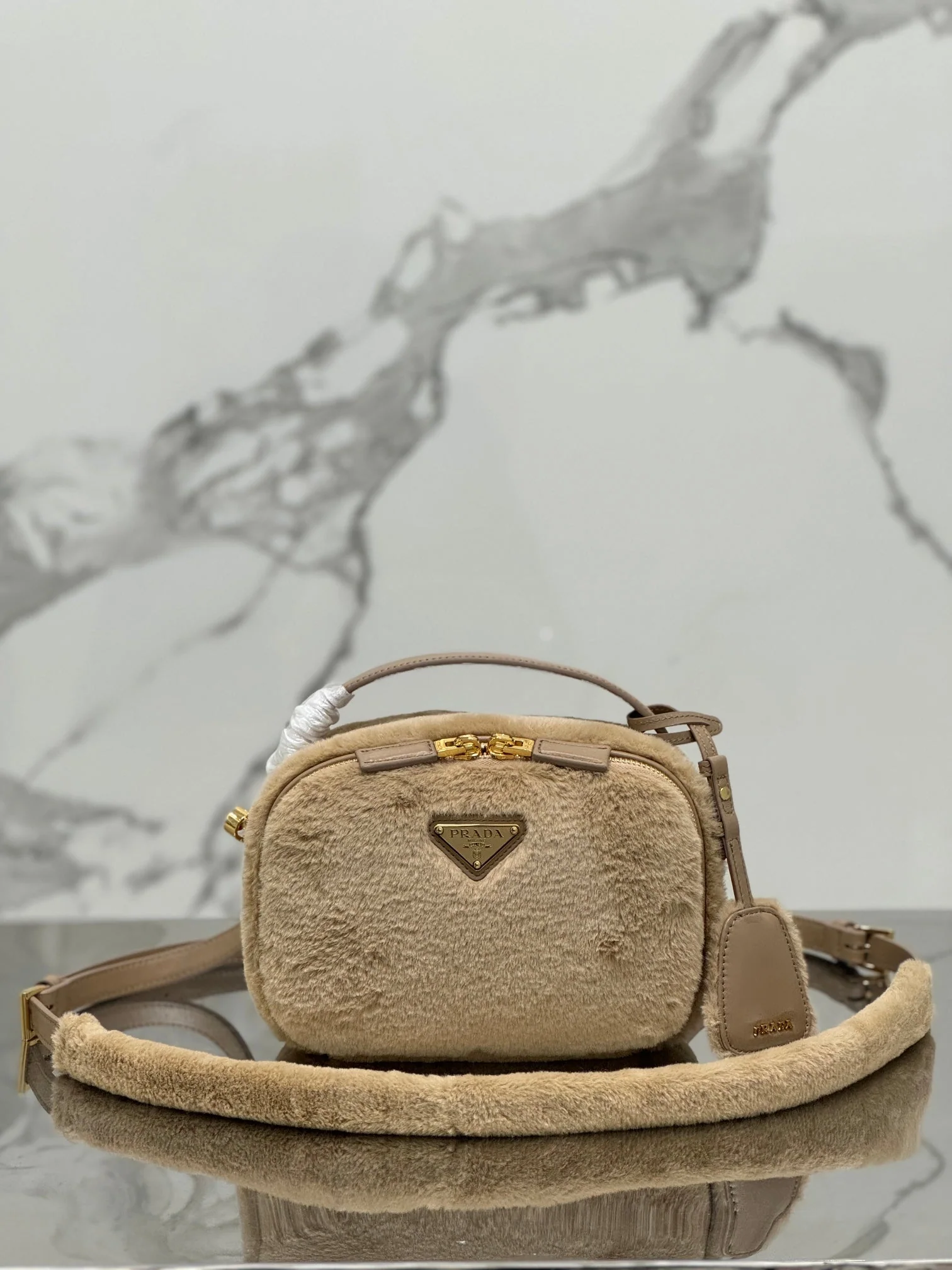 Prada MINI SHOULDER BAG 19 IN BEIGE RABBIT FUR
