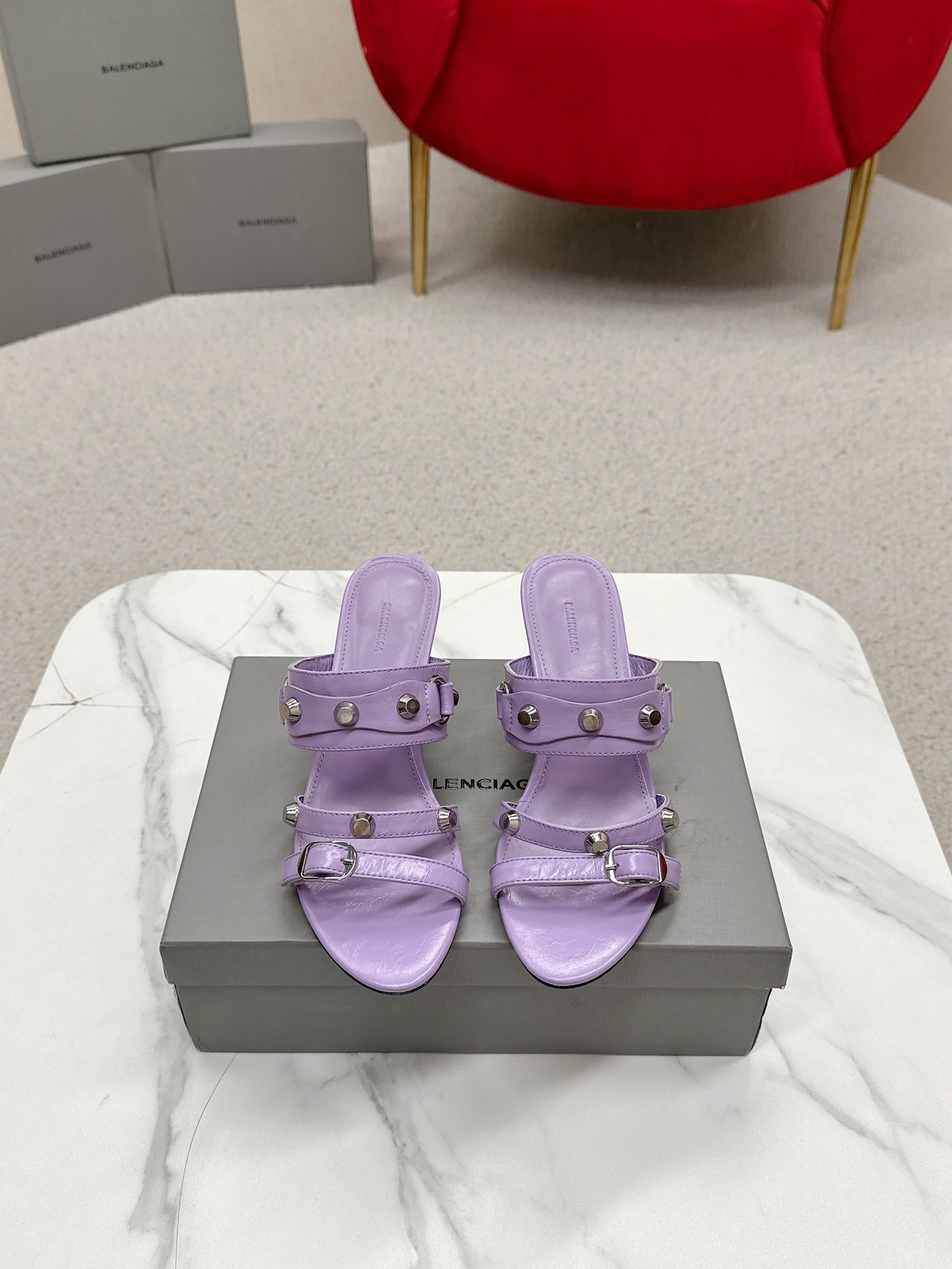 Balenciaga Cagole Purple Leather Studded Buckle Strap Pointed Toe Kitten Mules Heels /Top Version - KAIROO