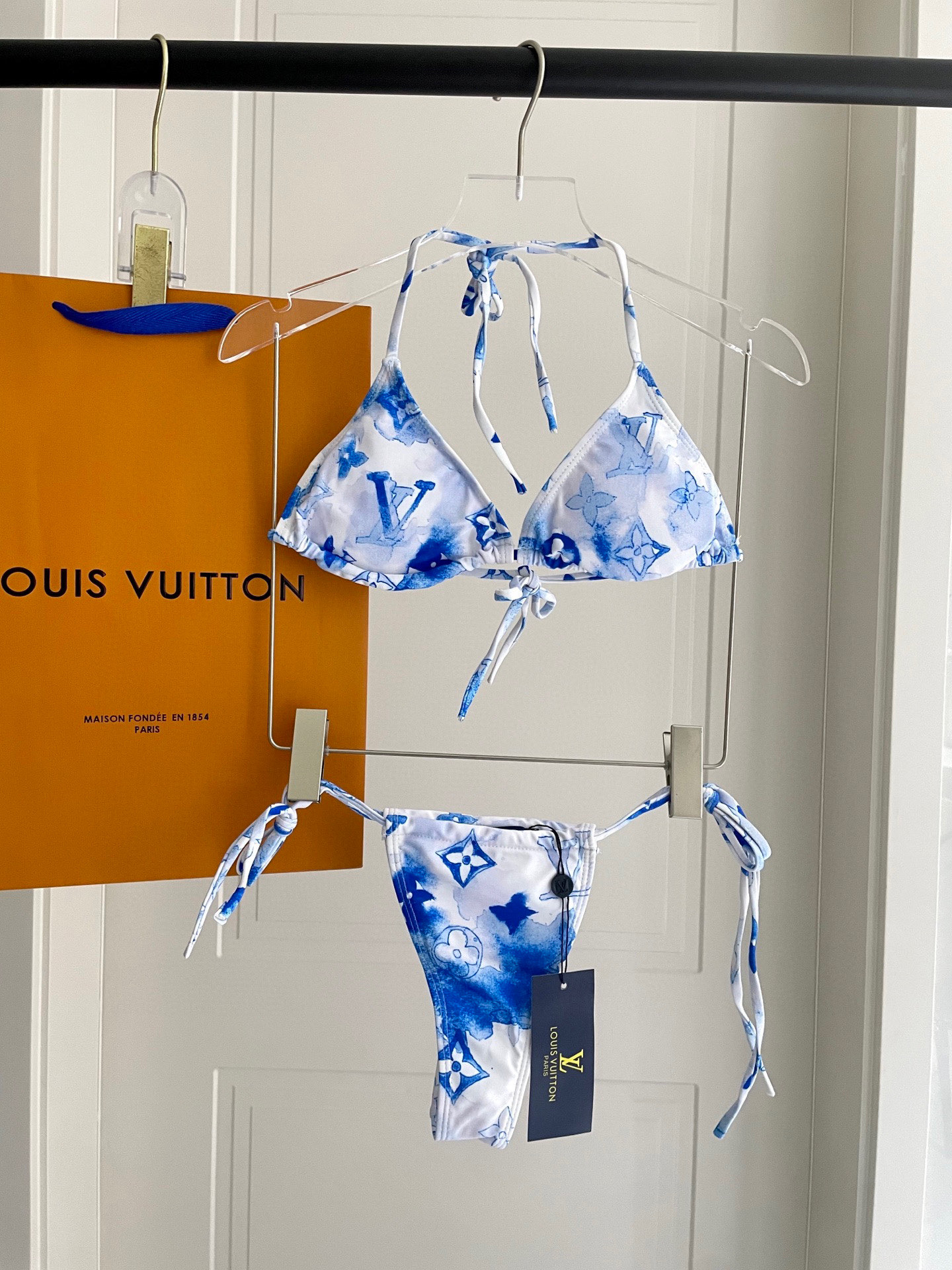 Louis Vuitton LV  Monogram Blue Watercolor Print Tie Strap Triangle Bikini Two-Piece Swimsuit - KAIROO