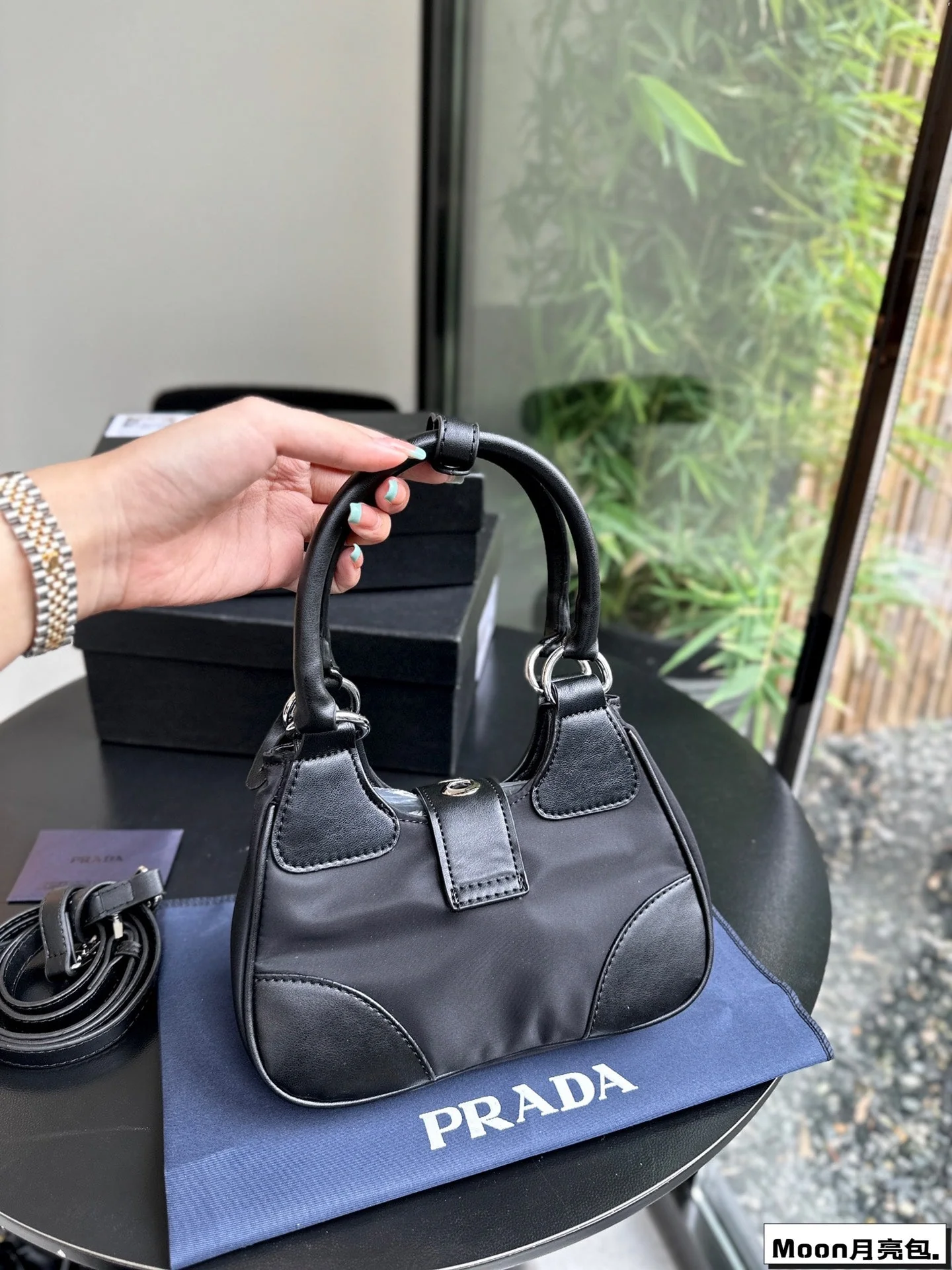 Prada 22 MOON PADDED BAG IN BLACK CALFSKIN WITH STRAP