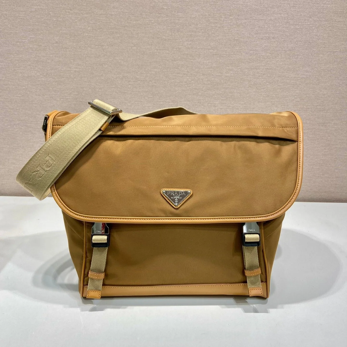 Prada LARGE FLAP BAG 30 IN CIDER BROWN RE-NYLON AND CALFSKIN TRIM