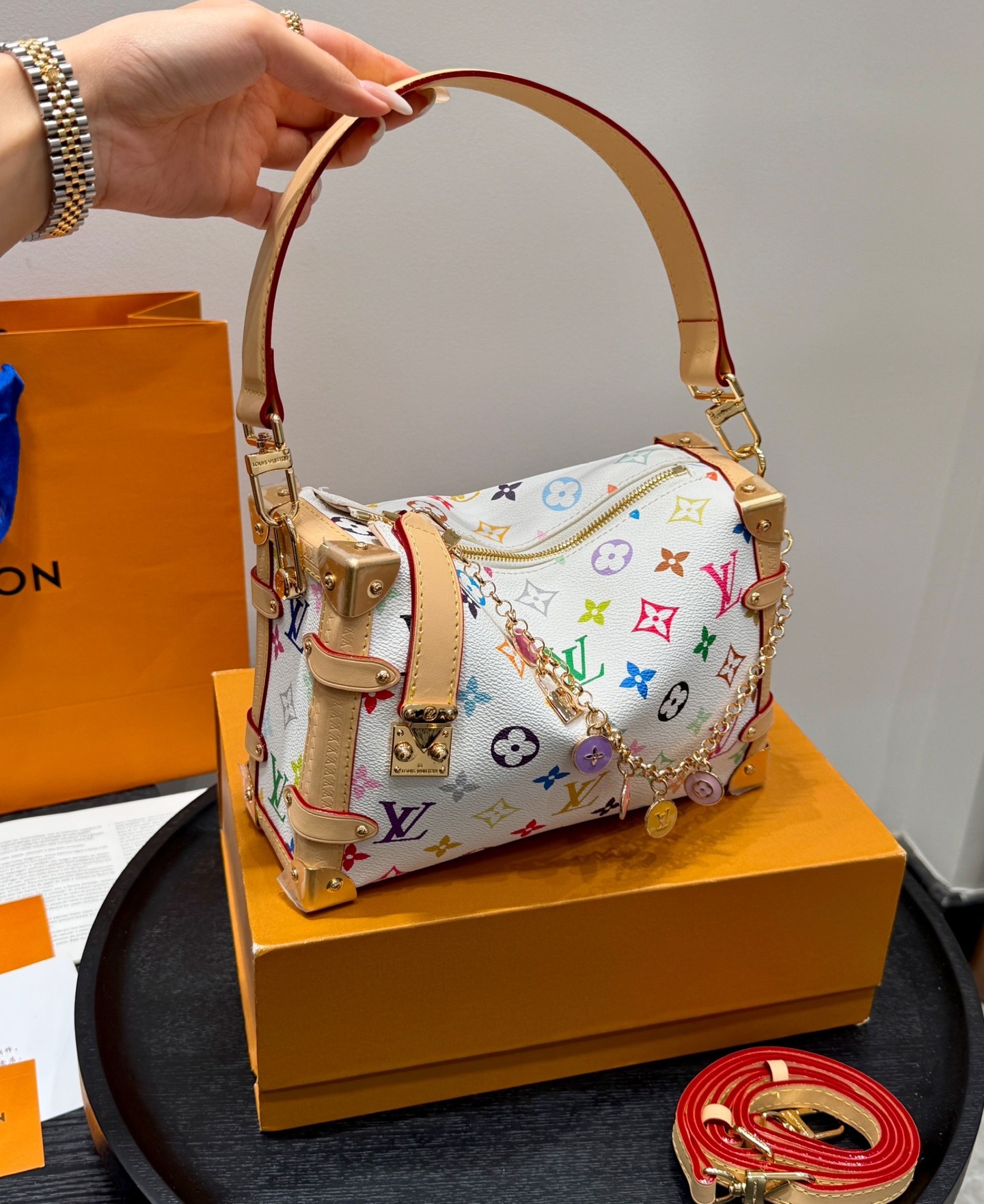 Louis Vuitton LV x TM Side Trunk MM White Multicolore Natural Trim Color Charm Chain S-Lock Soft Crossbody Bag - KAIROO