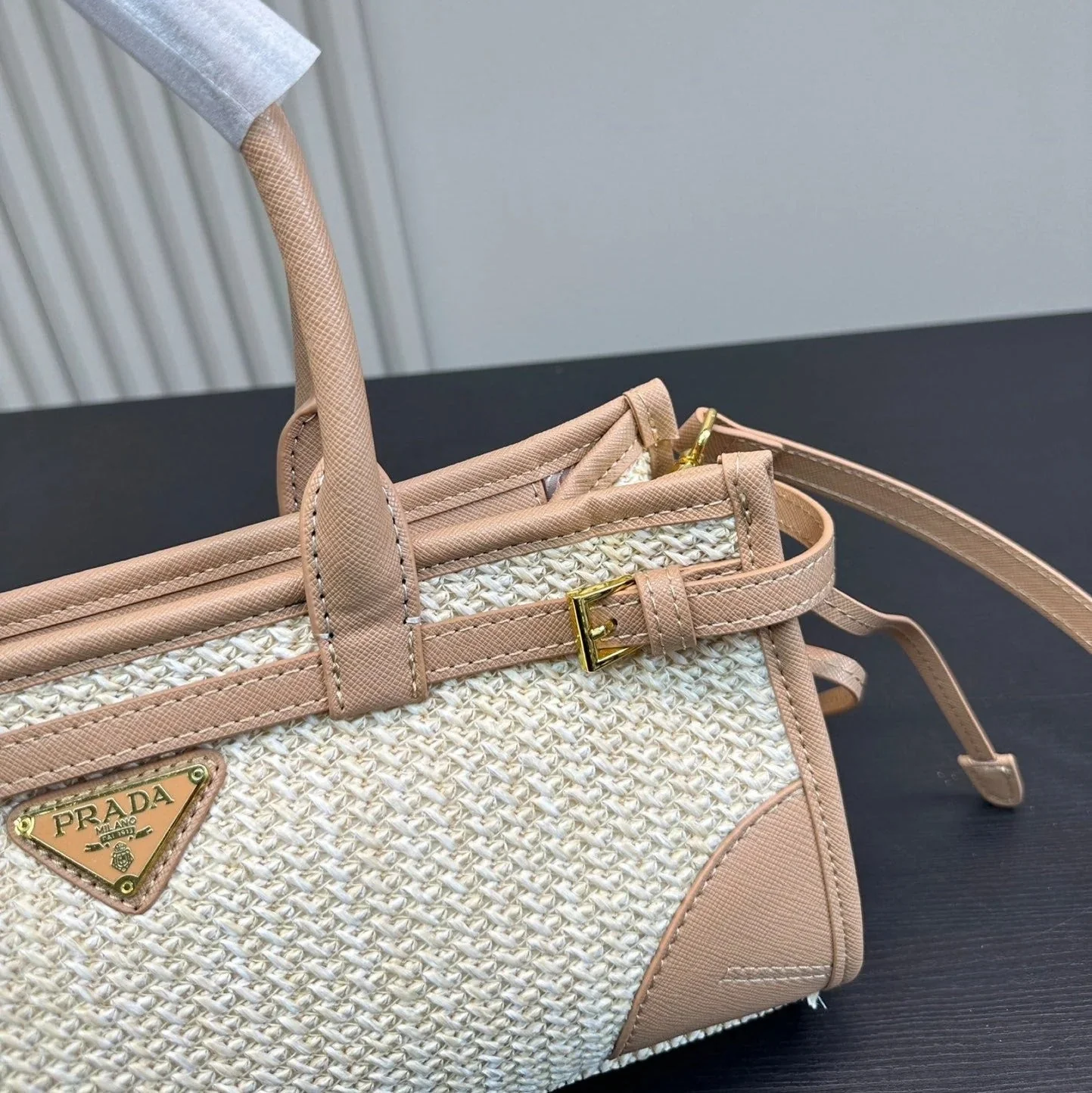 Prada BONNIE SOFT LUX HANDBAG 32 IN BEIGE WOVEN RAFFIA WITH TAN CALFSKIN
